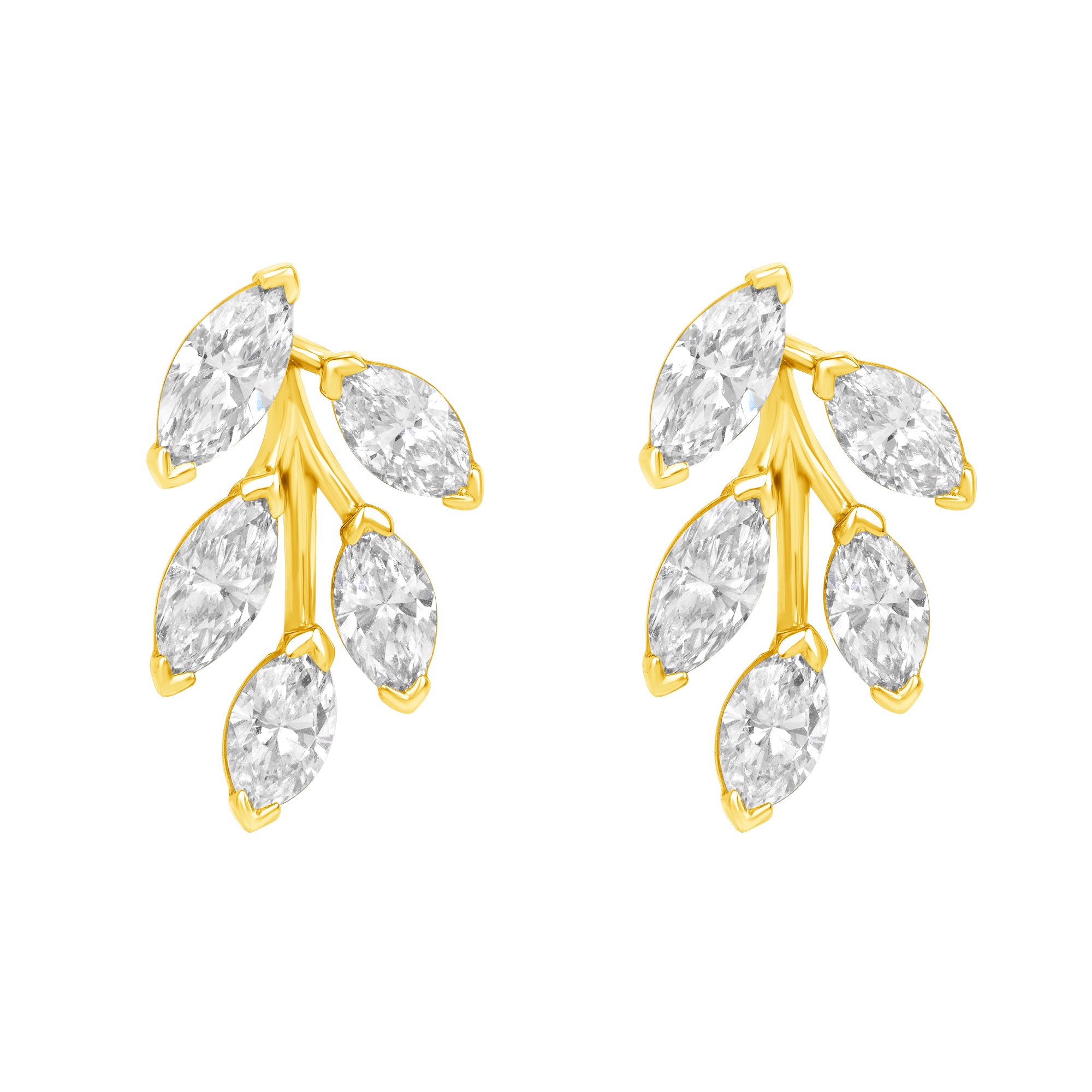 Dimensional Leaf Shape Marquise Diamond Stud Earrings in 18K Yellow Gold