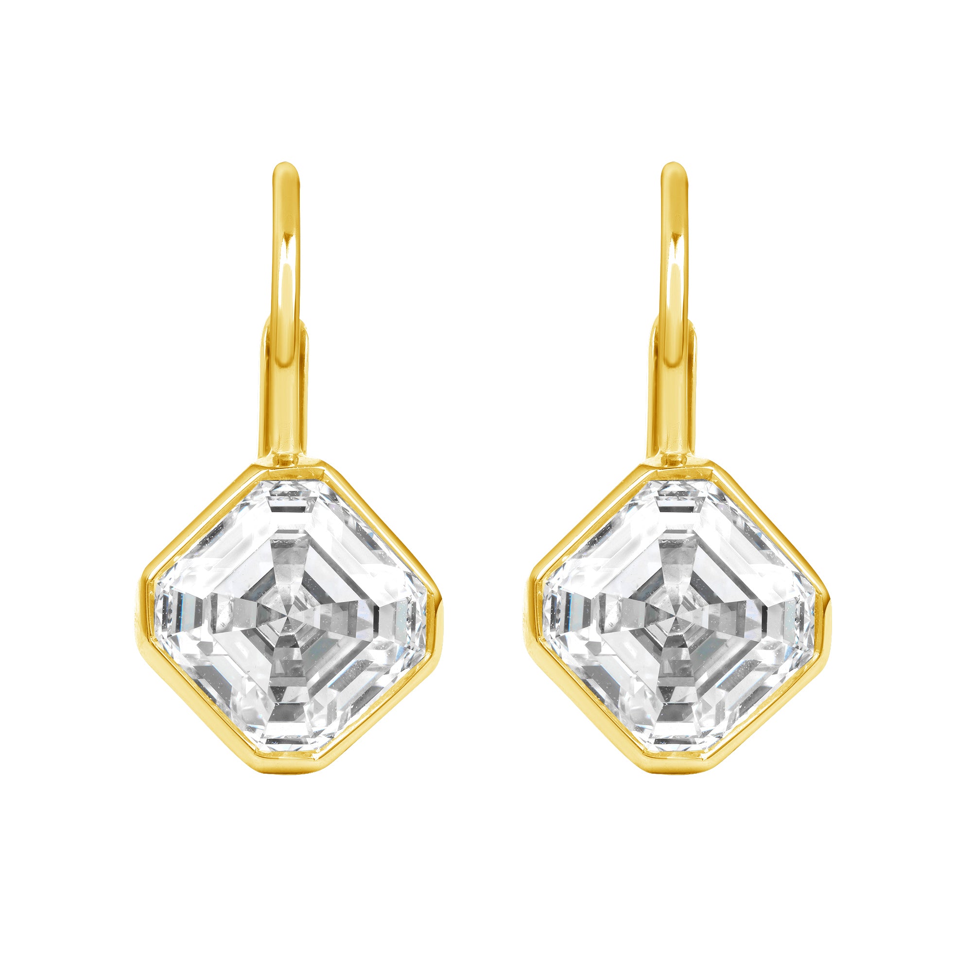 Asscher Cut Bezel Set Diamond Dangle Earrings in 18K Yellow Gold, GIA Certified