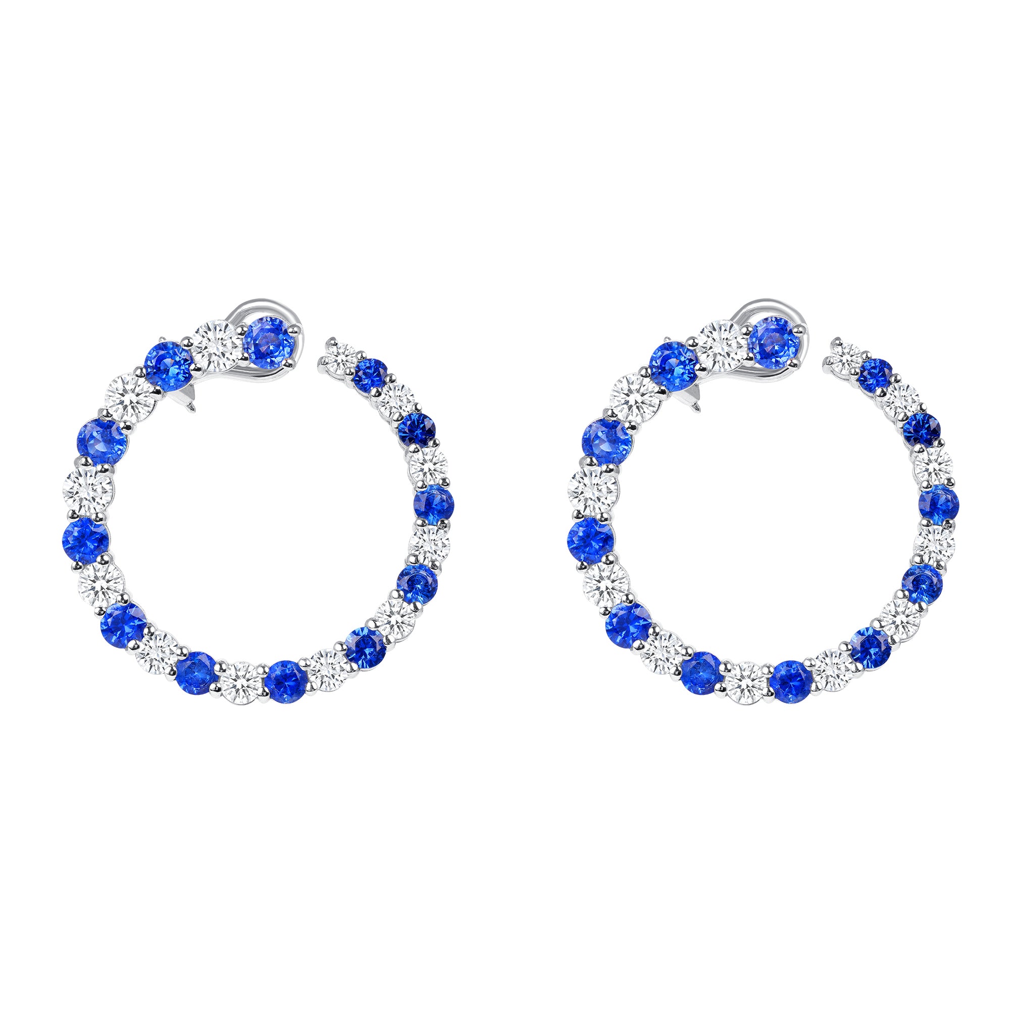 Diamond And Blue Sapphire Circle Earrings In 18 Karat White Gold