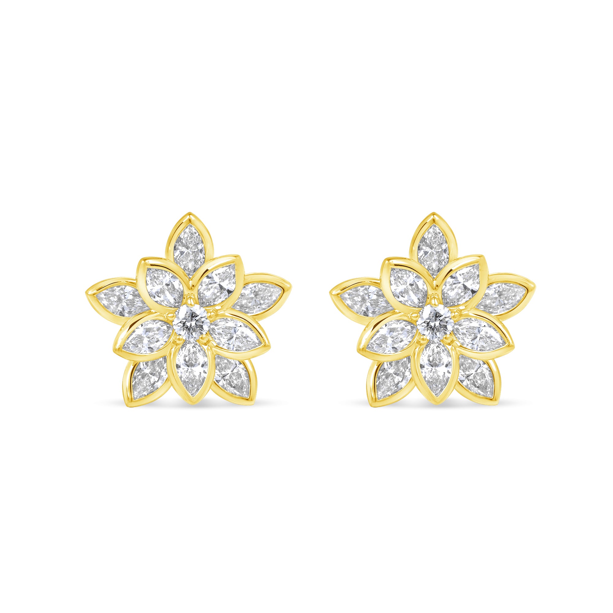 Dimensional Flower Shape Marquise & Round Brilliant Diamond Stud Earrings in 18K Yellow Gold