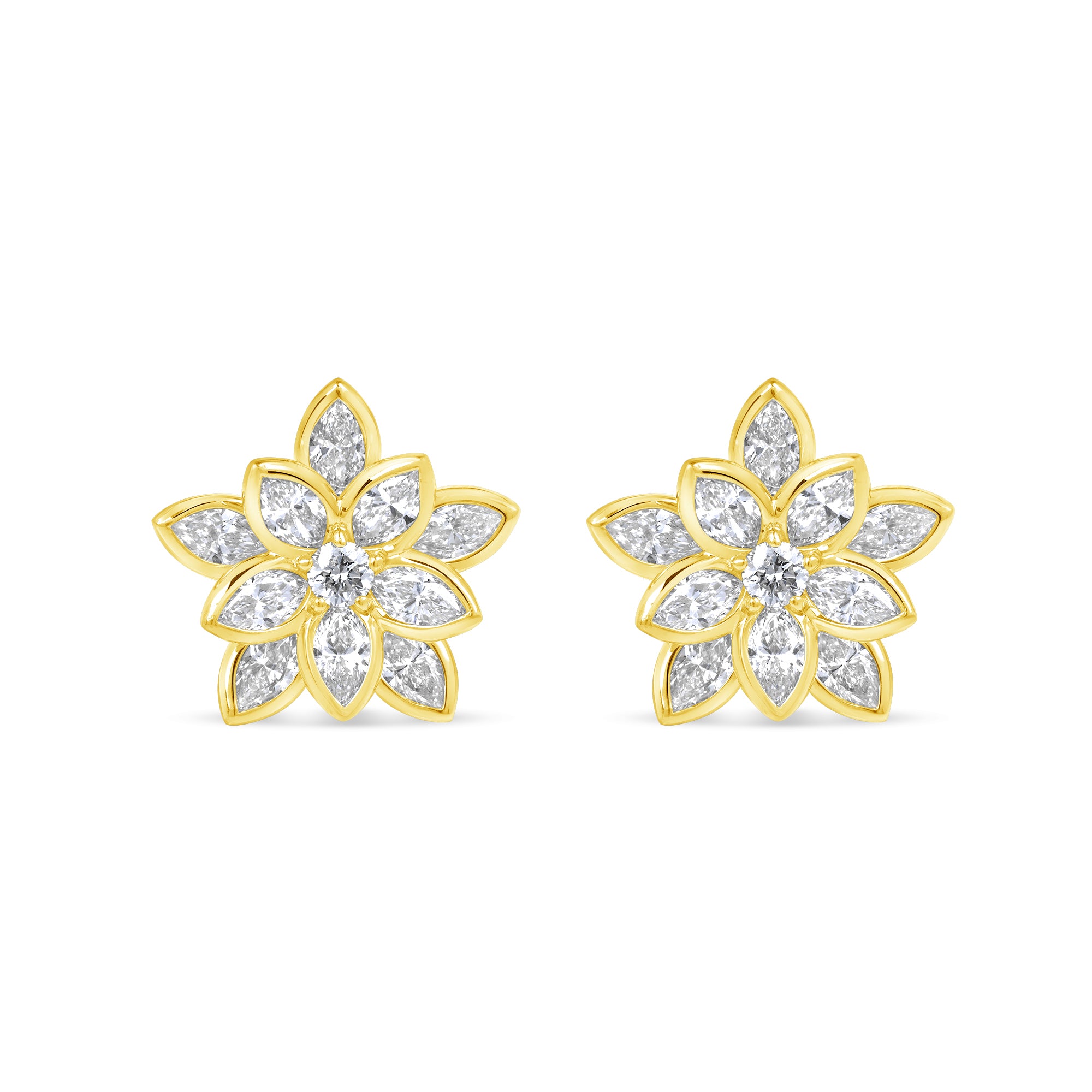 Dimensional Flower Shape Marquise Round Brilliant Diamond Stud Earri
