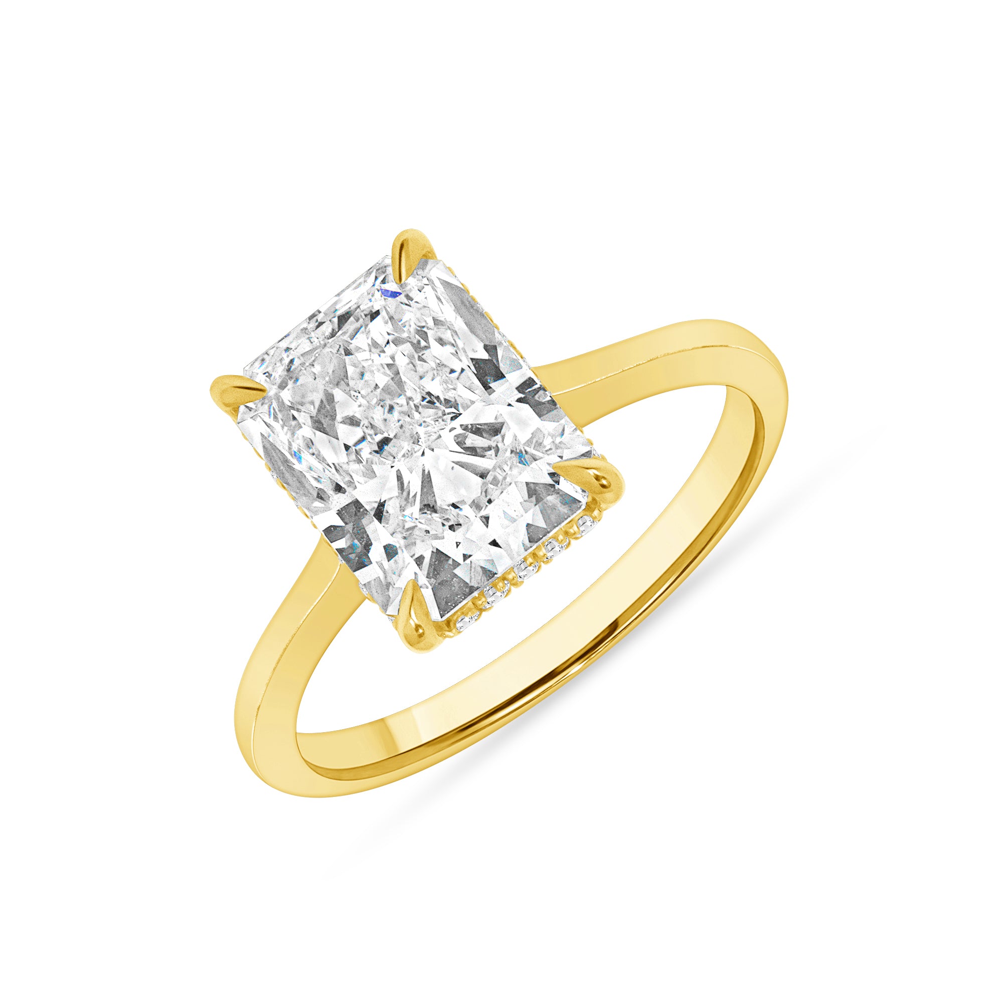 3.14ct Radiant Cut Diamond Hidden Halo Ring in 18k Yellow Gold Band, GIA Certified