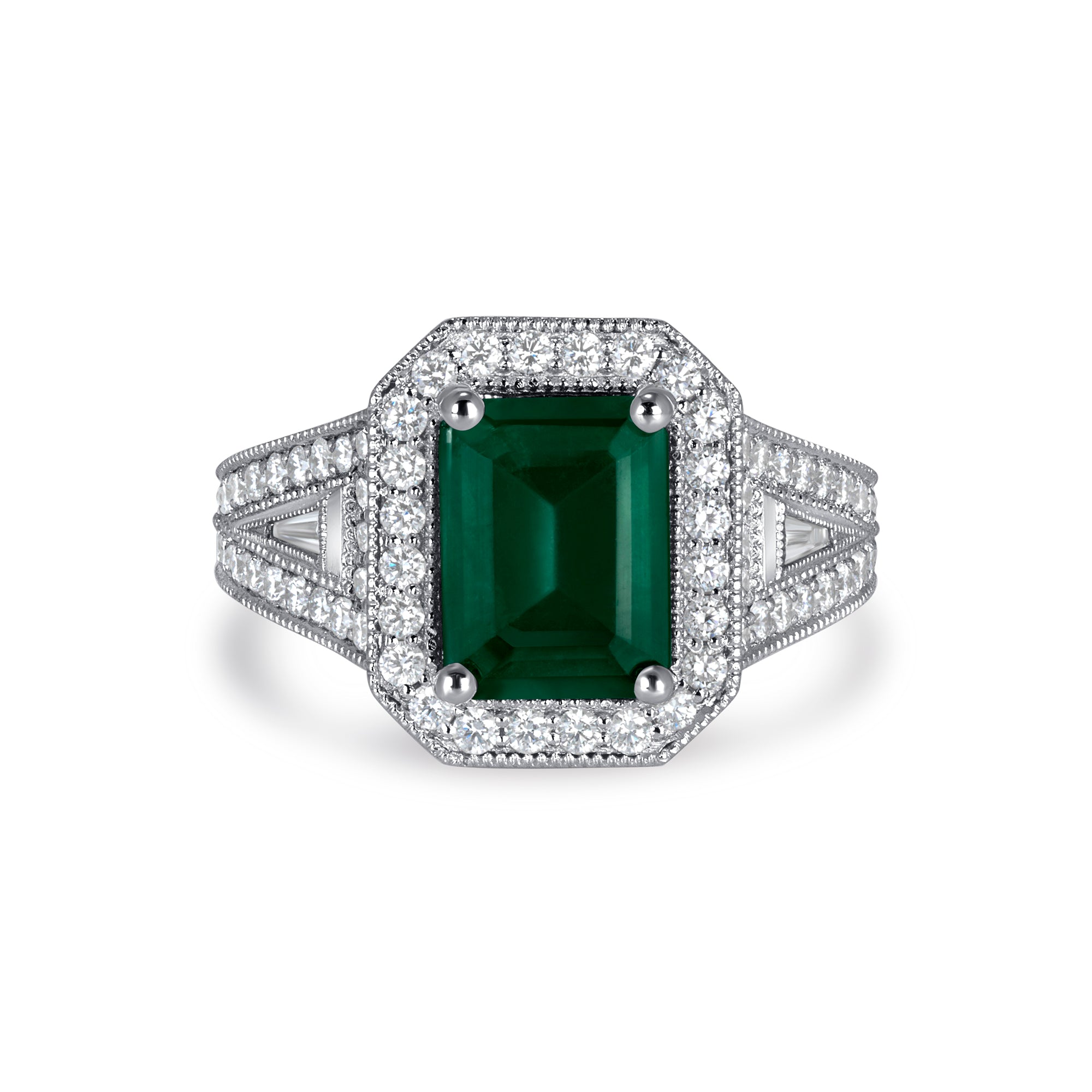 Emerald-Cut Green Emerald and Diamond Halo Split-Shank Ring in Platinum