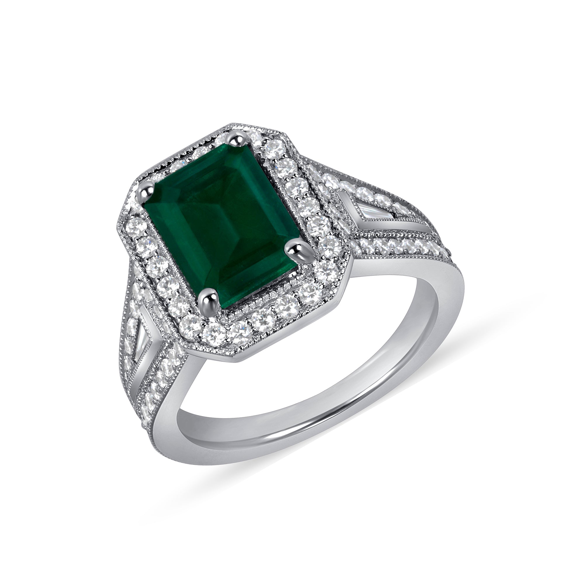 Emerald-Cut Green Emerald and Diamond Halo Split-Shank Ring in Platinum