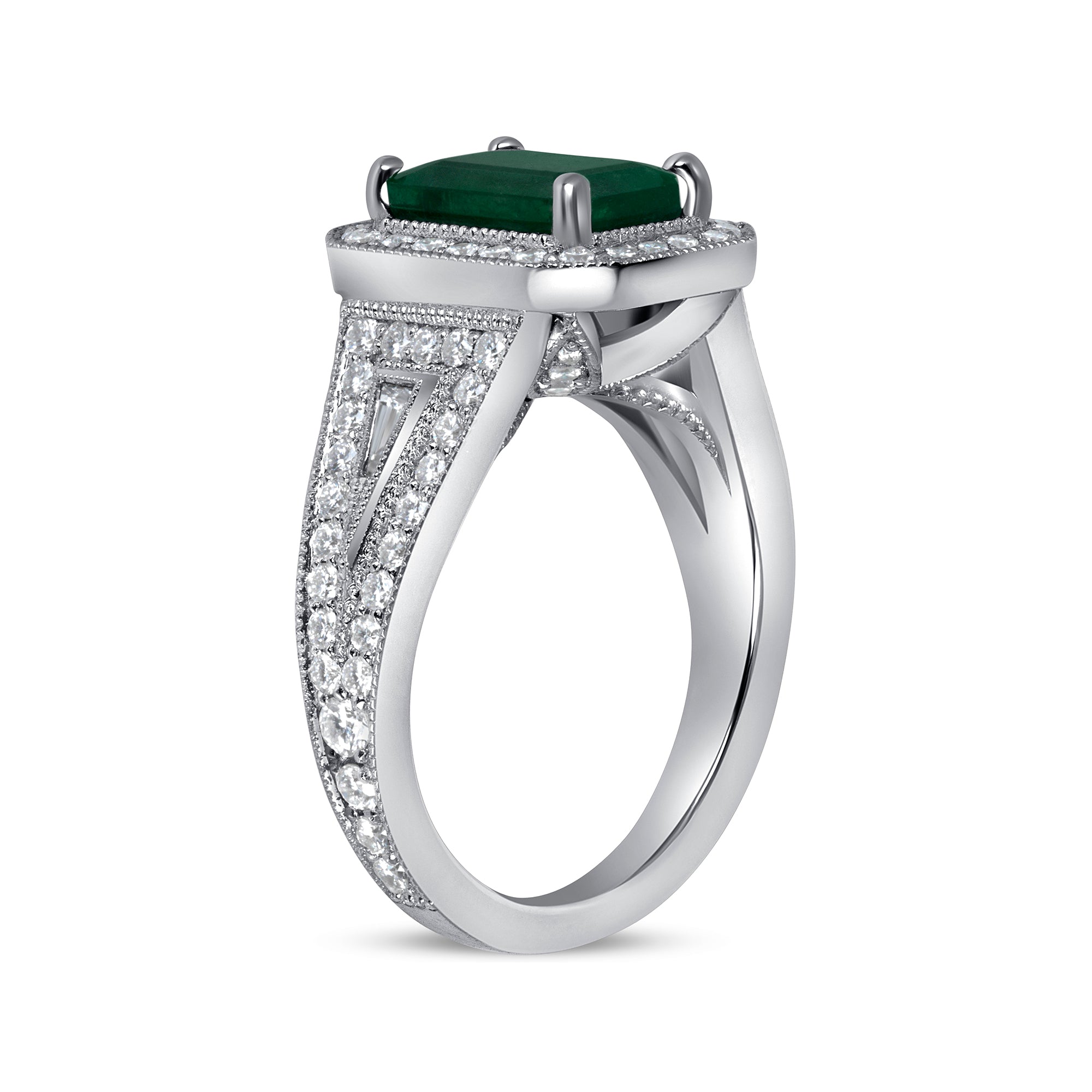 Emerald-Cut Green Emerald and Diamond Halo Split-Shank Ring in Platinum