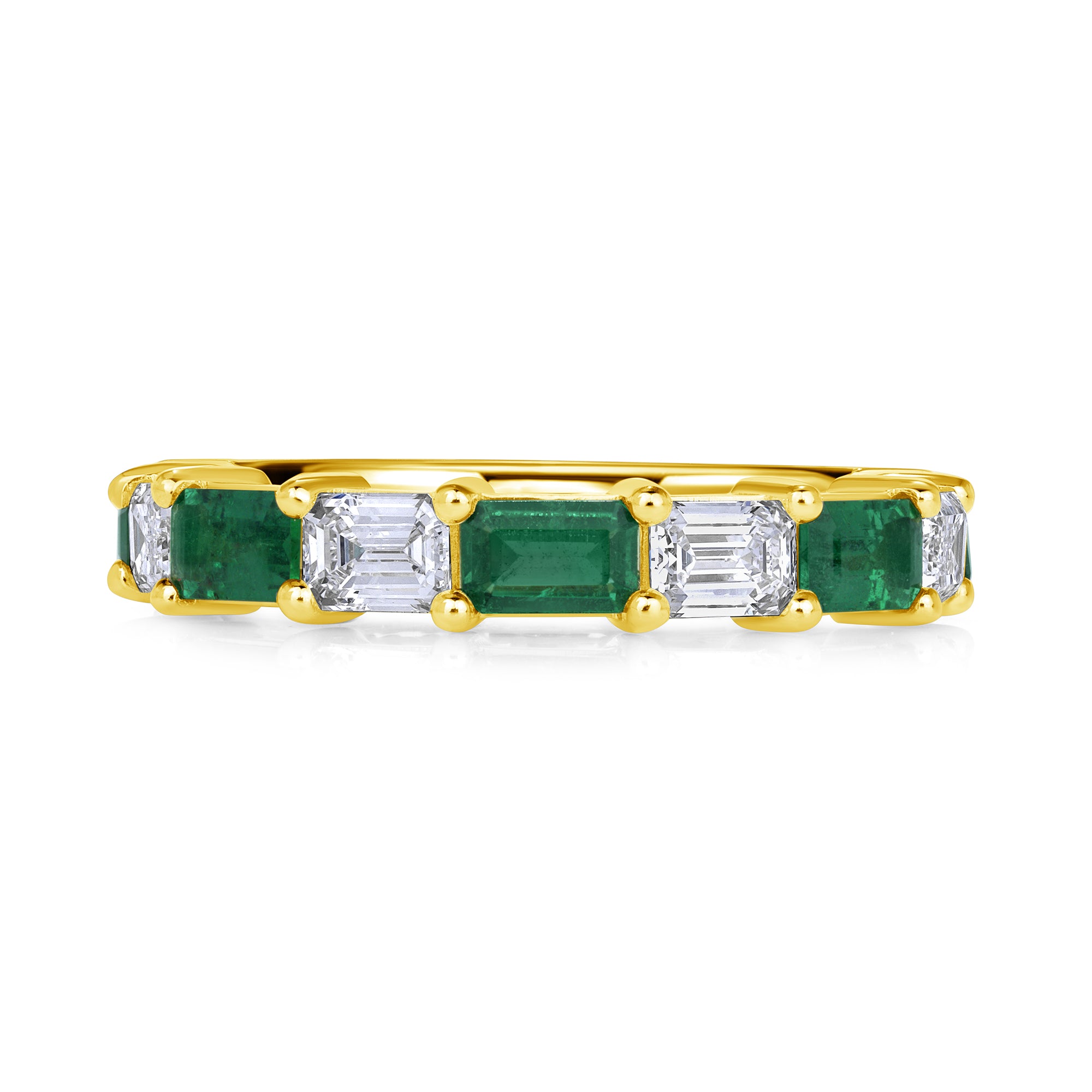 East-West Set Emerald Cut Diamond And Green Emerald Band Going 3/4 Way Around In 18 Karat Yellow Gold