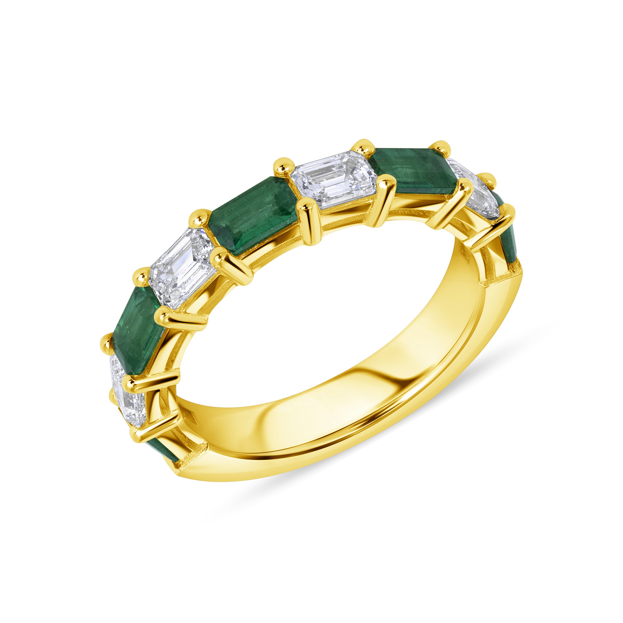 East-West Set Emerald Cut Diamond And Green Emerald Band Going 3/4 Way Around In 18 Karat Yellow Gold