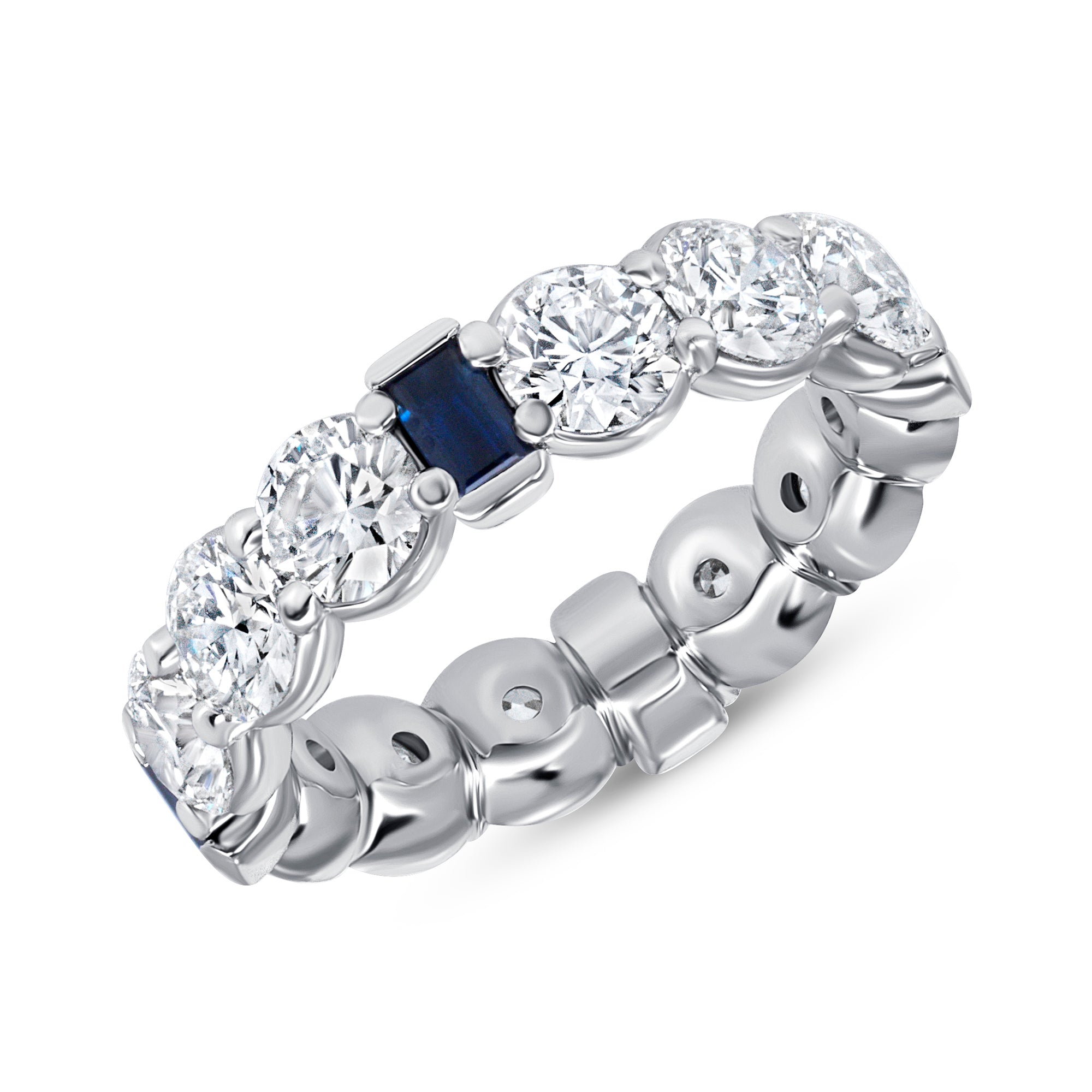 Round Diamond Eternity Band with Blue Step-Cut Sapphire in Platinum