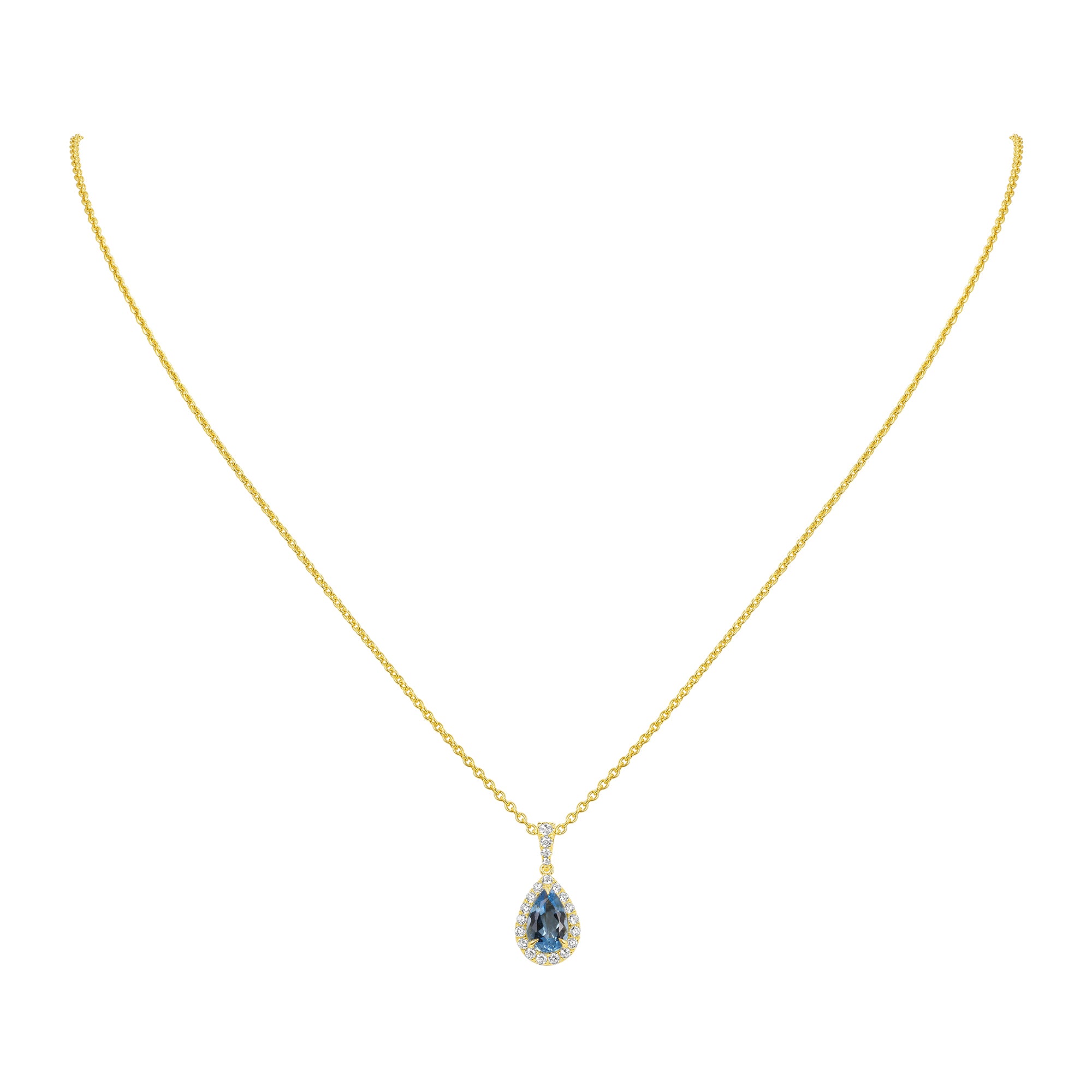 Pear-Shaped Blue Topaz and Diamond Halo Pendant Necklace in 18K Yellow Gold