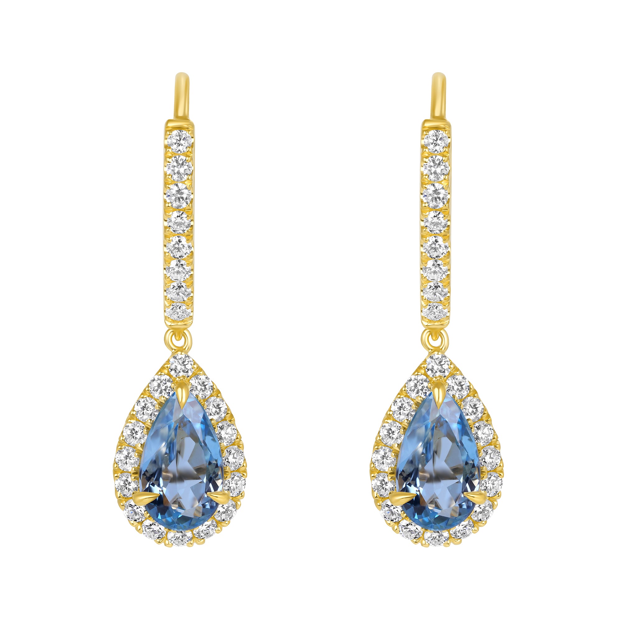 Pear-Shaped Blue Topaz and Diamond Halo Drop Earrings in 18K Yellow Gold