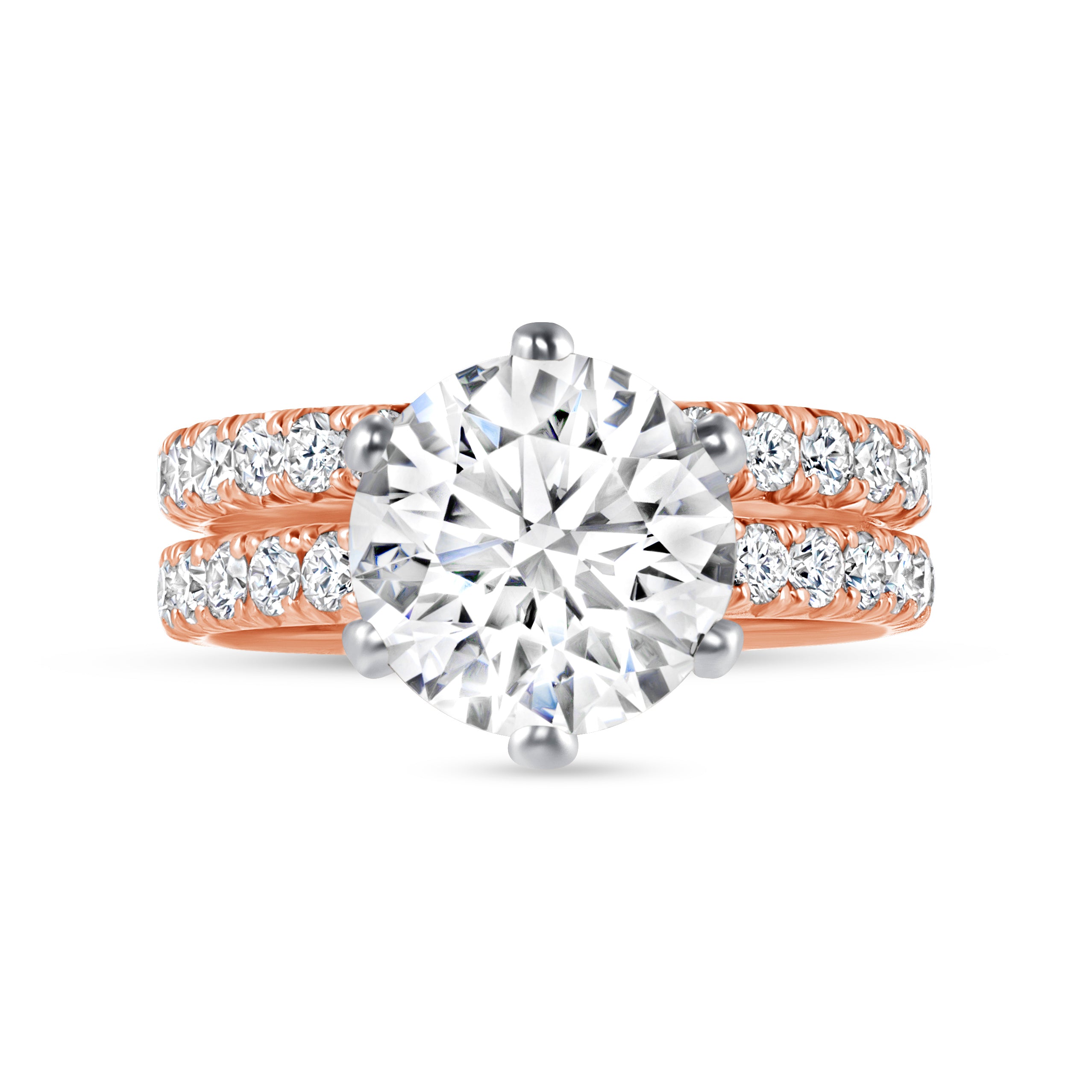 Round Brilliant Diamond Pavé Engagement Ring and Wedding Band in 18K White Gold & Rose Gold