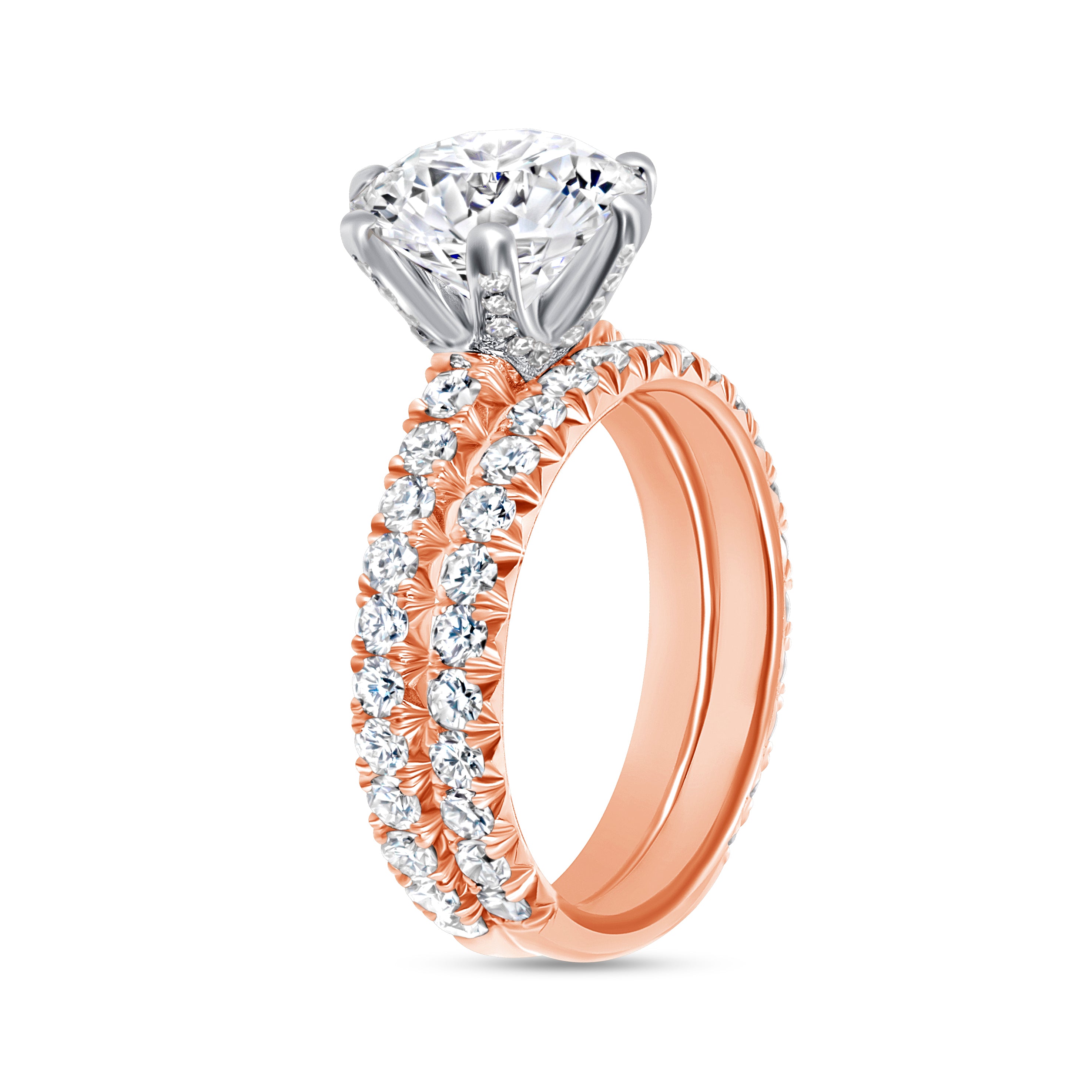 Round Brilliant Diamond Pavé Engagement Ring and Wedding Band in 18K White Gold & Rose Gold