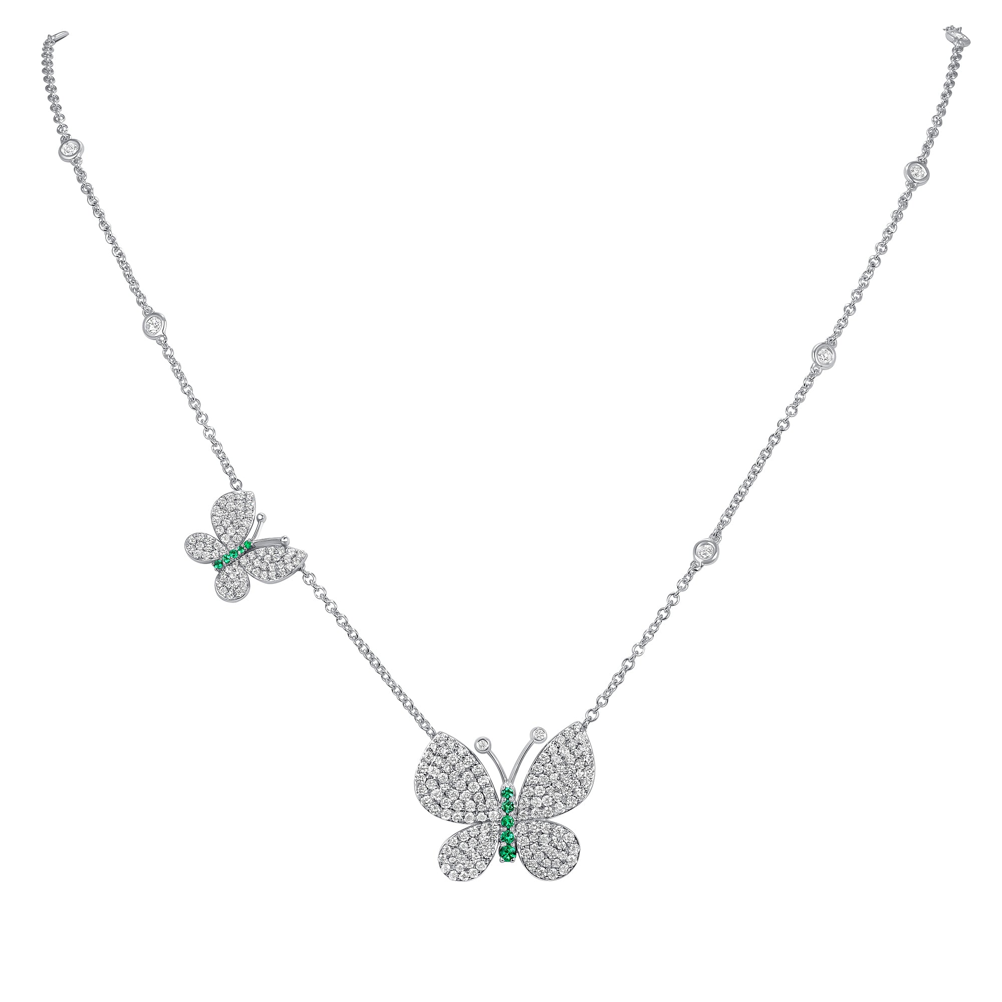 Diamond and Emerald Butterfly Station Necklace in 18K White Gold
