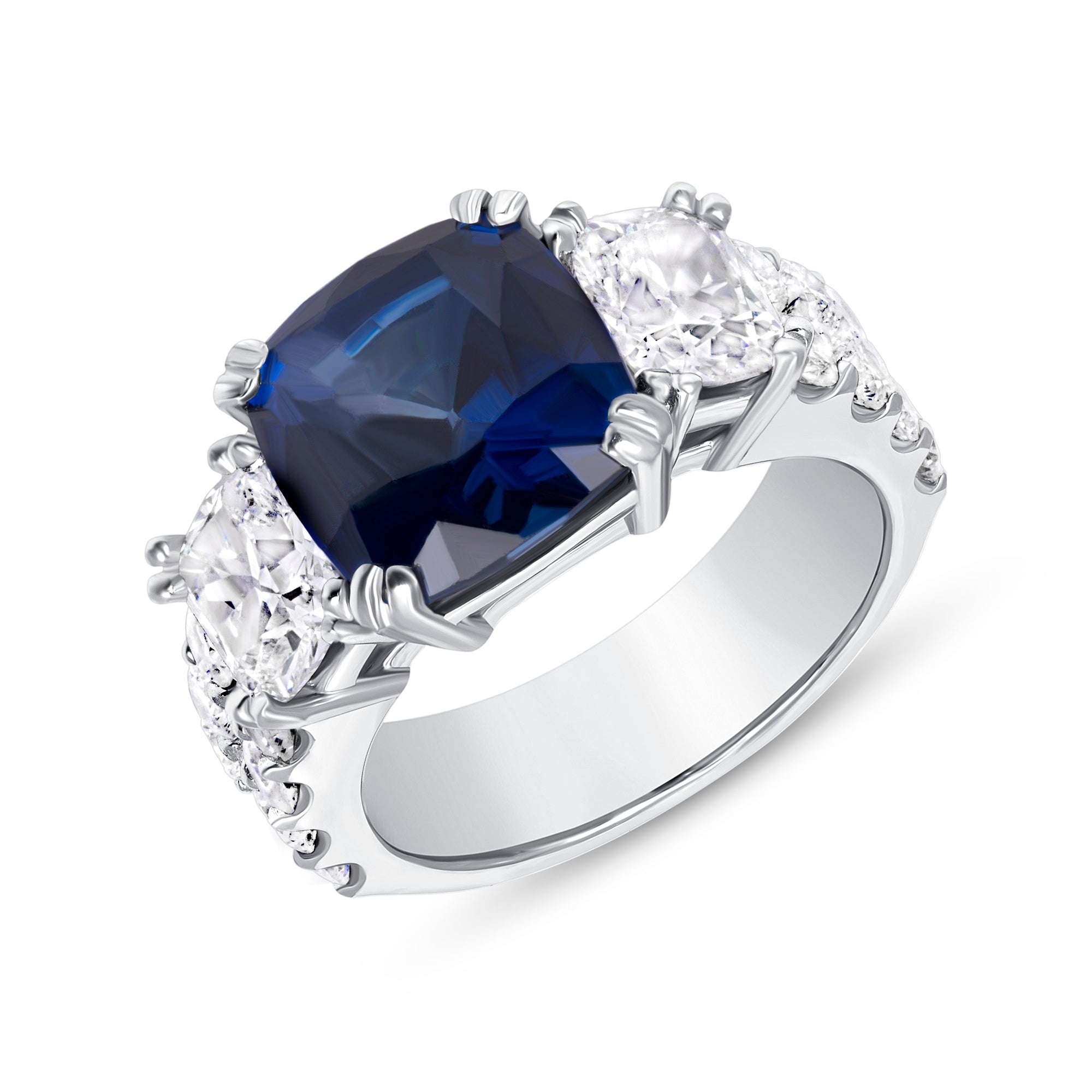 Cushion Cut Blue Sapphire and Diamond Three Stone Ring in 18K White Gold