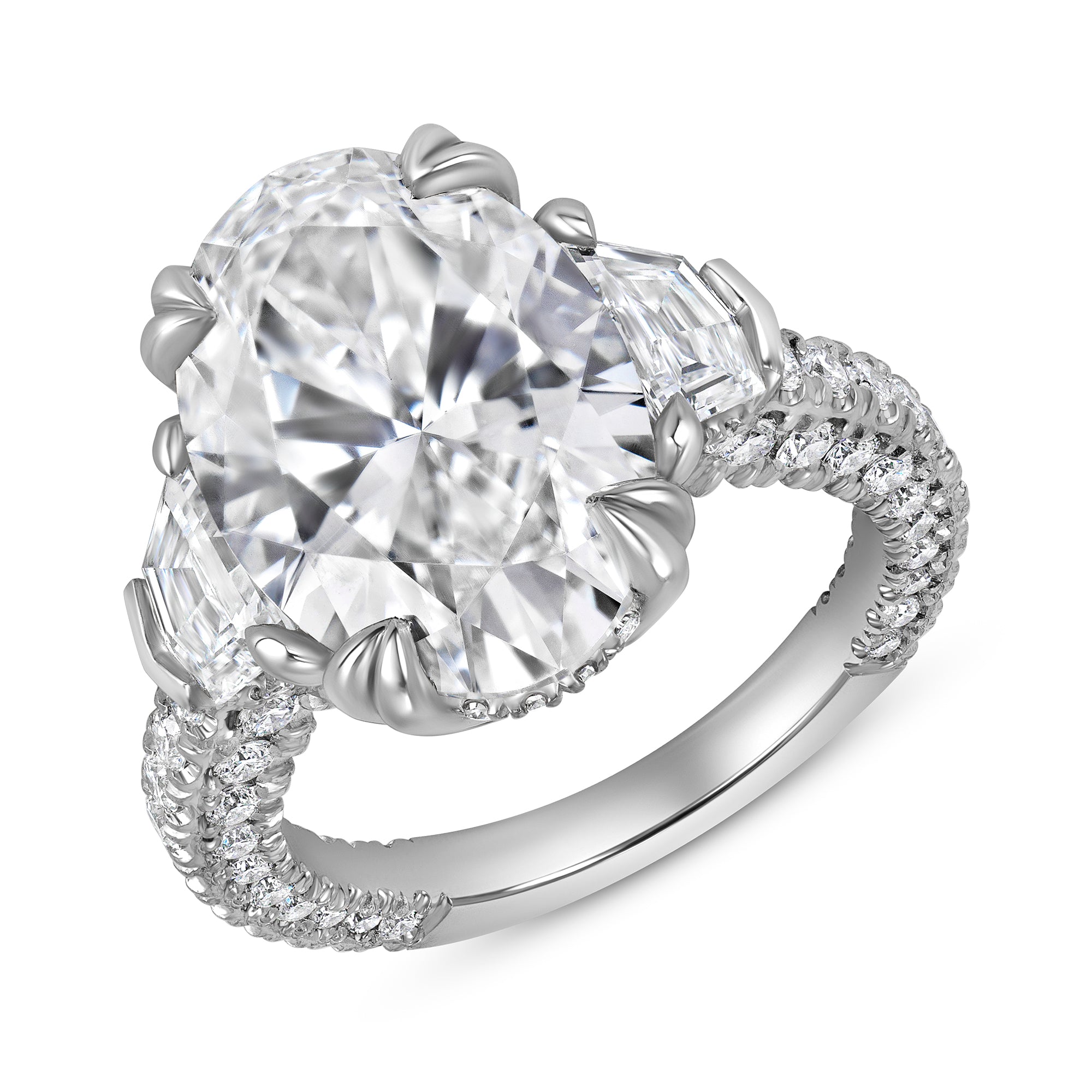 Oval Cut Diamond Three Stone Ring with Trapezoid Cut Diamond Side Stones in Platinum