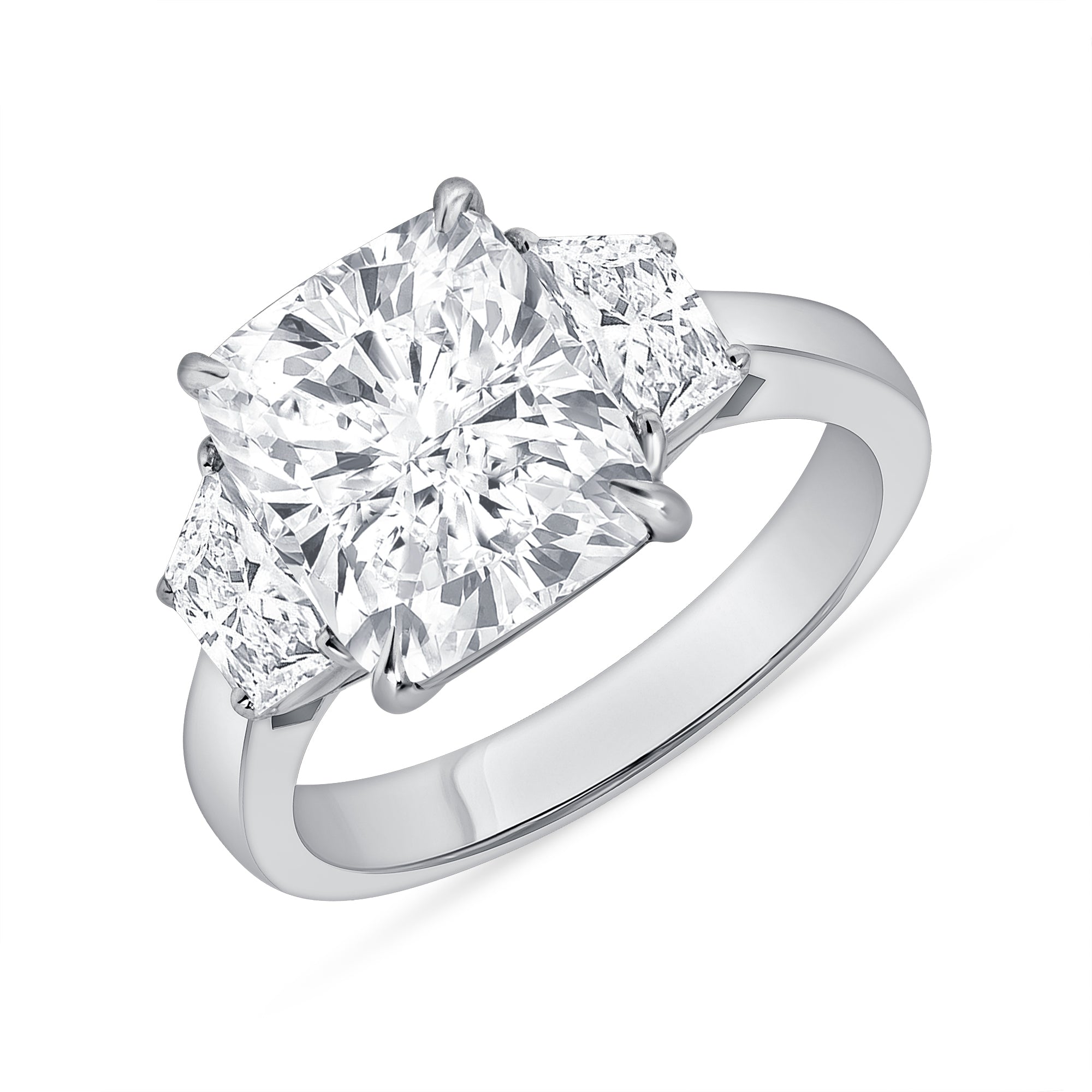 4.05ct Cushion Cut Diamond Three Stone Ring with Trapezoid Side Stones in Platinum Band, GIA Certified