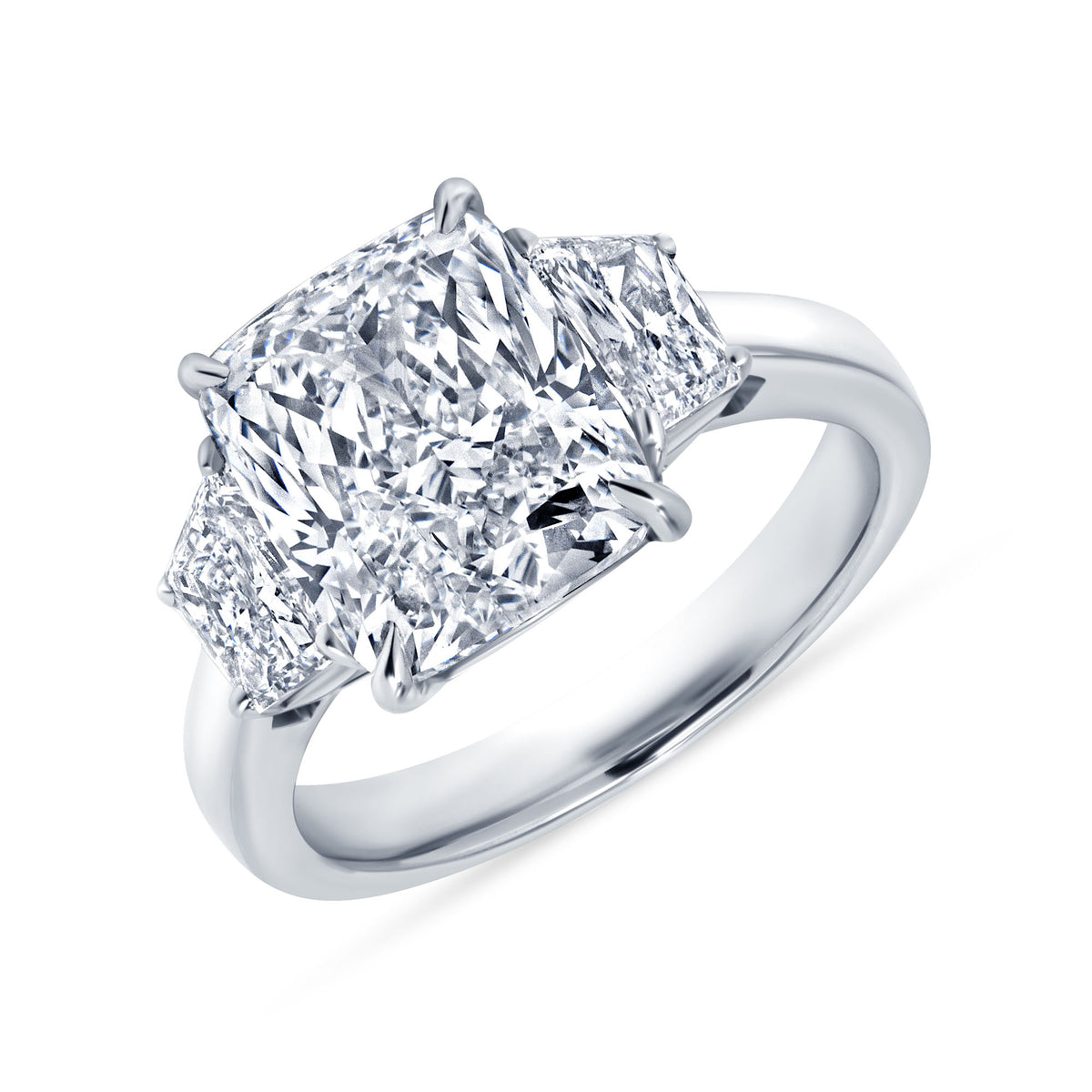 4.05ct Cushion Cut Diamond Three Stone Ring with Trapezoid Side Stones in Platinum Band, GIA Certified