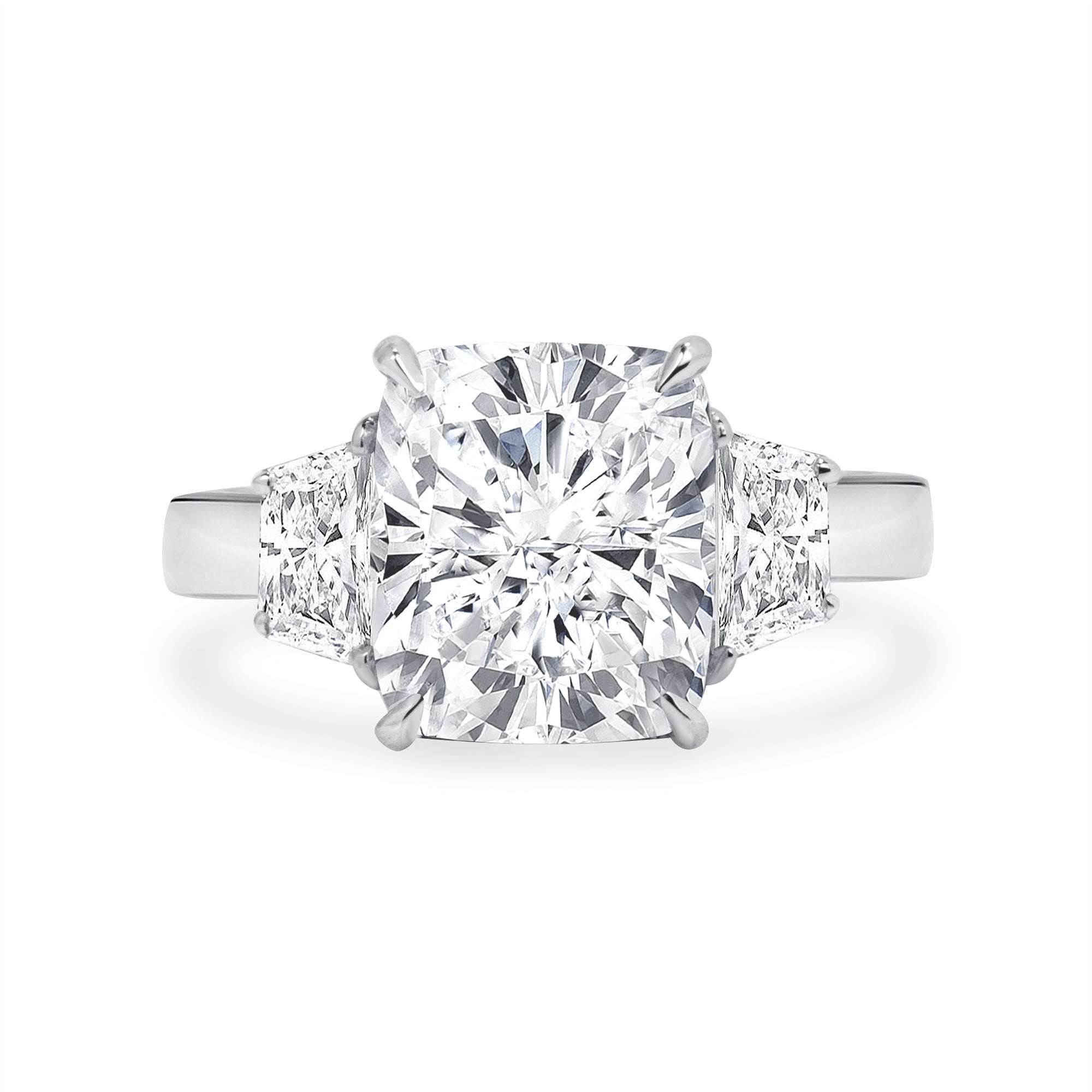 4.05ct Cushion Cut Diamond Three Stone Ring with Trapezoid Side Stones in Platinum Band, GIA Certified