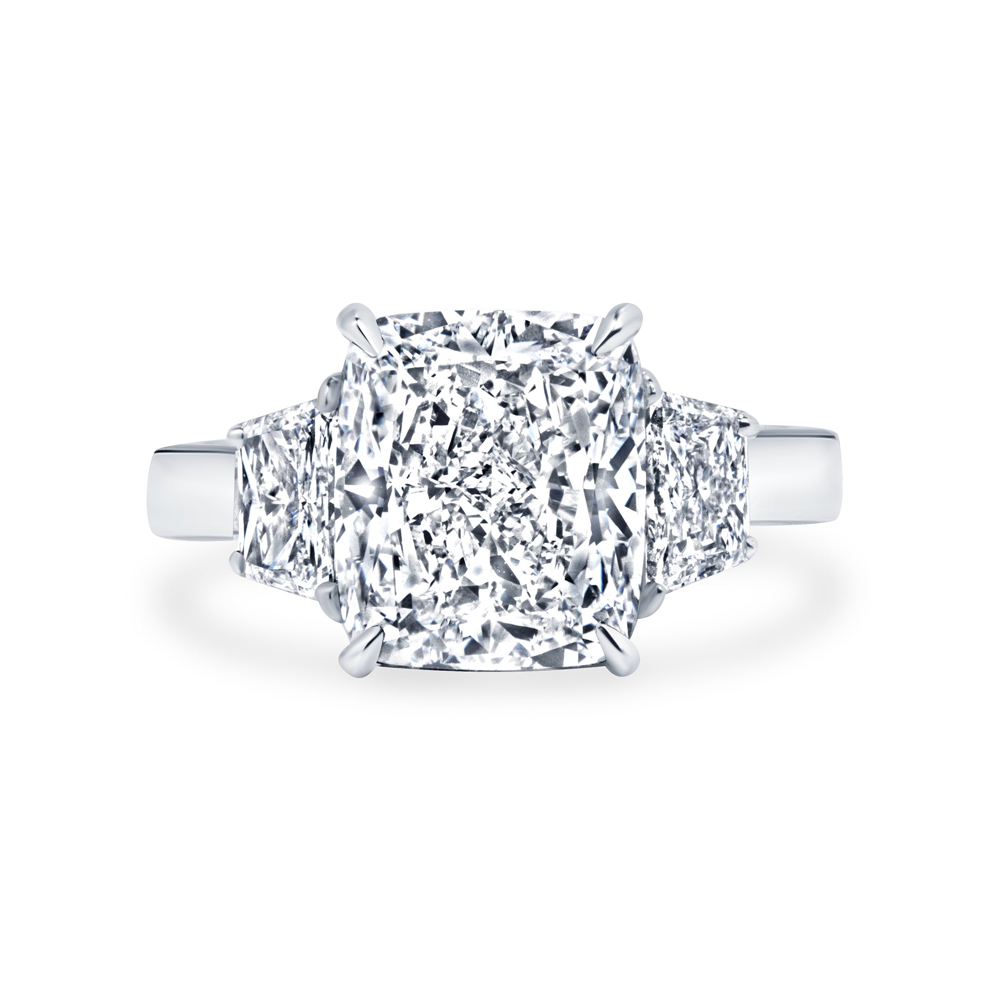 4.05ct Cushion Cut Diamond Three Stone Ring with Trapezoid Side Stones in Platinum Band, GIA Certified