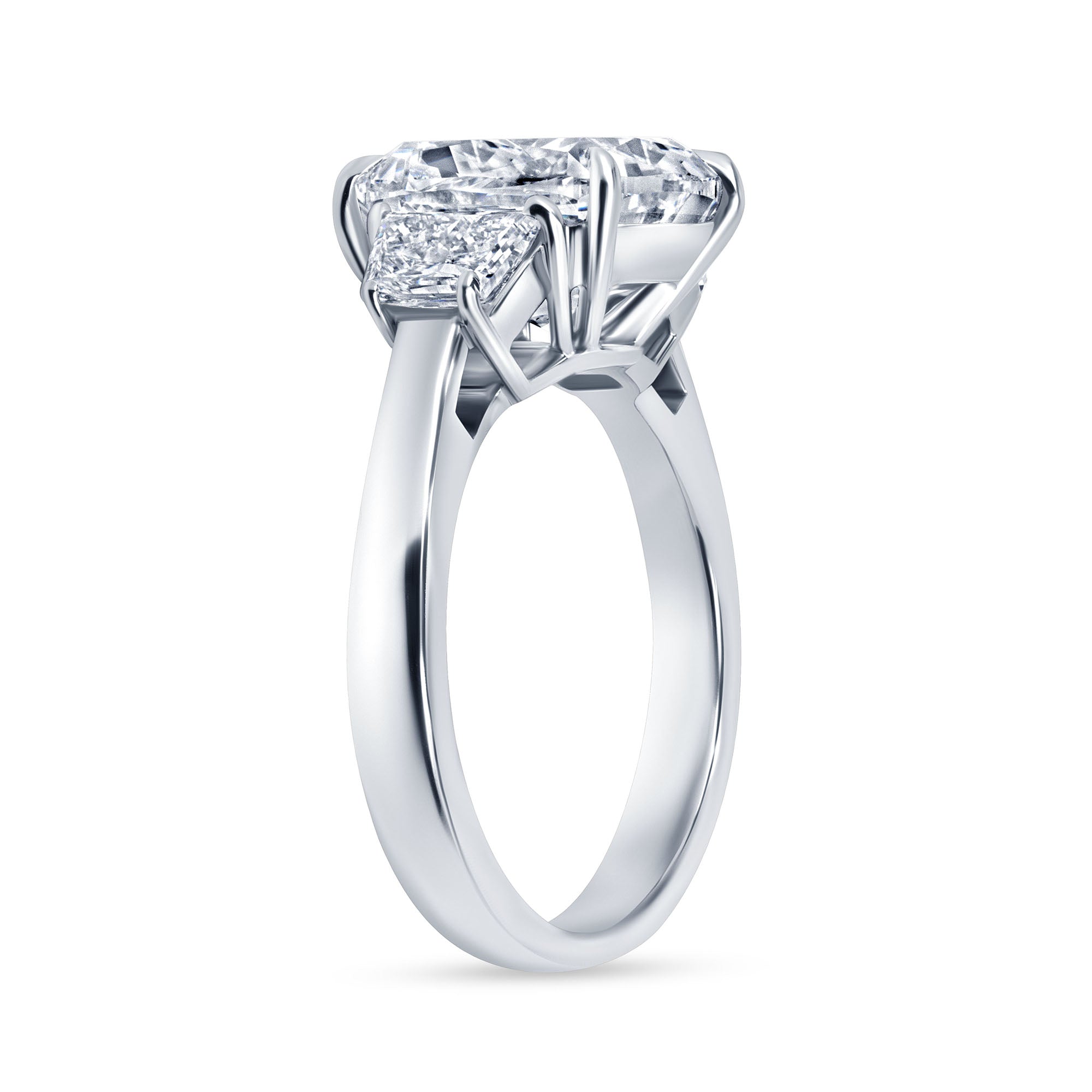 4.05ct Cushion Cut Diamond Three Stone Ring with Trapezoid Side Stones in Platinum Band, GIA Certified