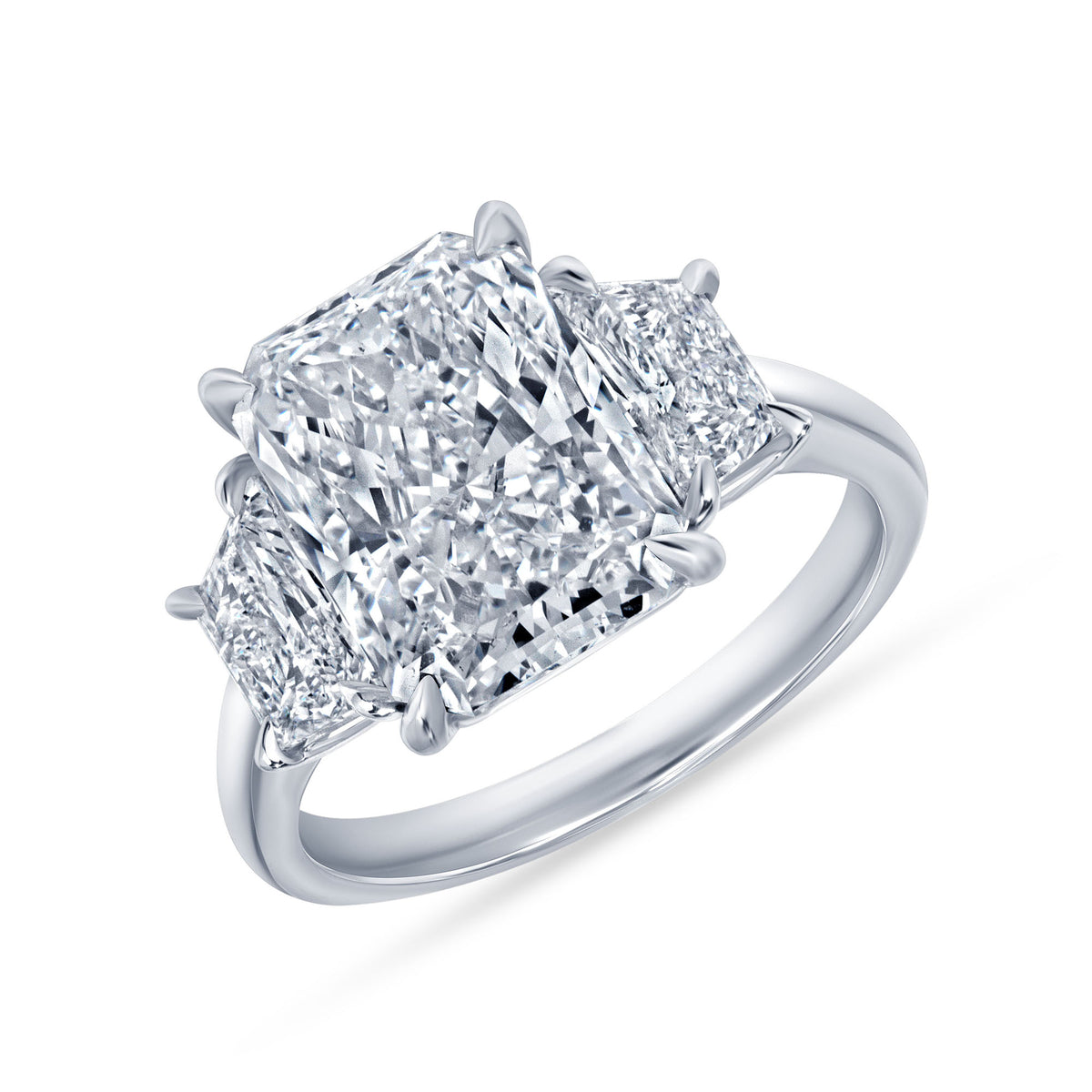 5.01ct Radiant Cut Diamond Three Stone Ring with Trapezoid Side Stones in Platinum Band, GIA Certified