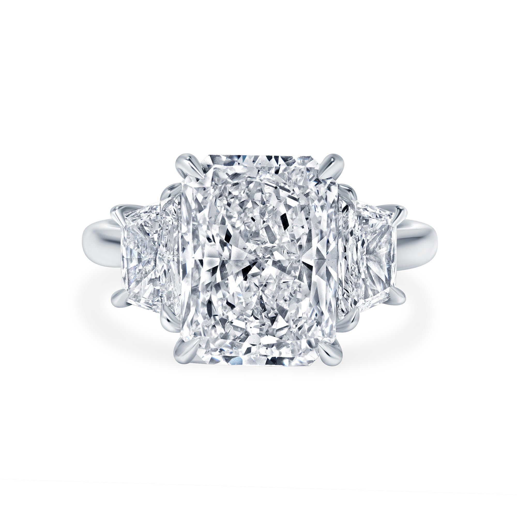 5.01ct Radiant Cut Diamond Three Stone Ring with Trapezoid Side Stones in Platinum Band, GIA Certified