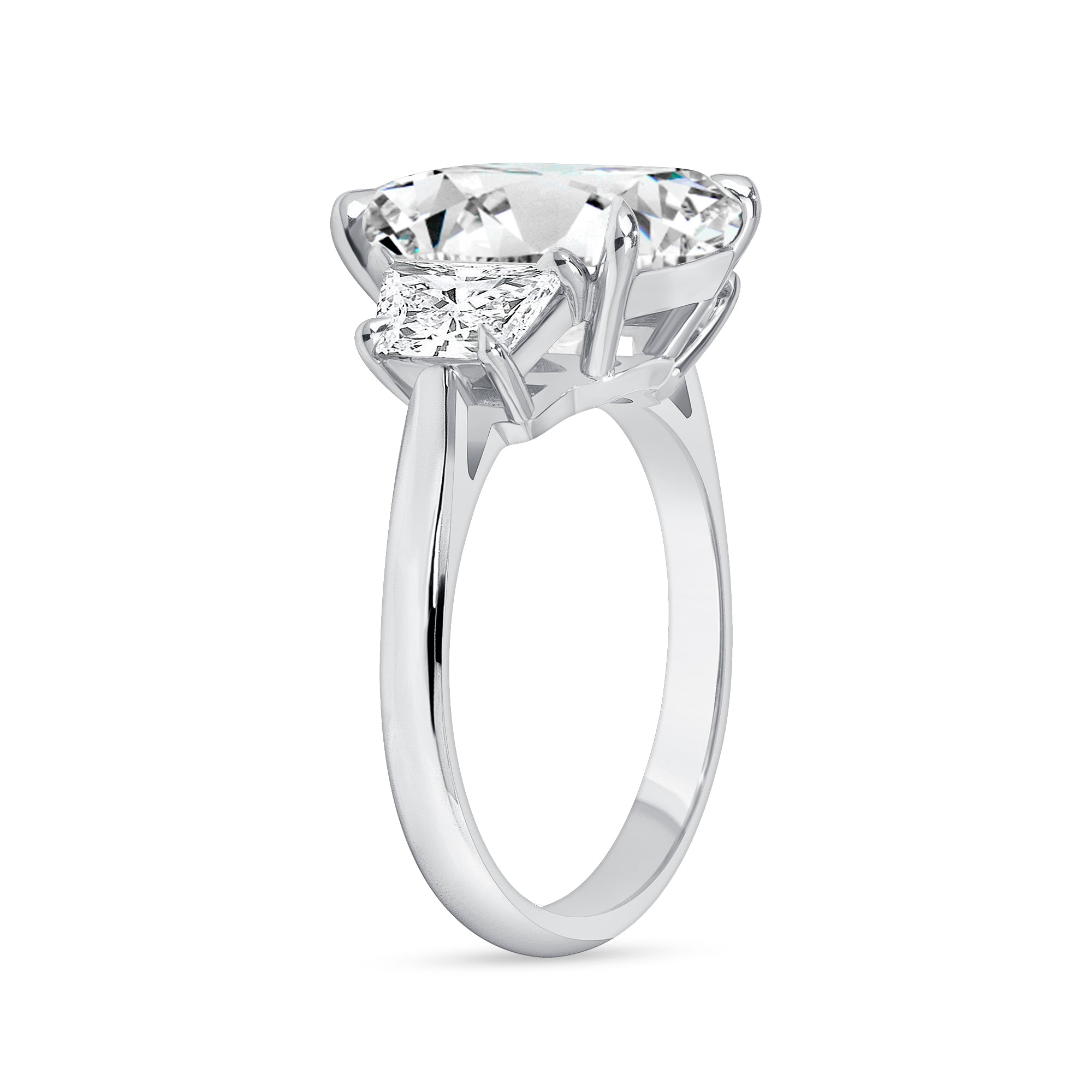 5.01ct Radiant Cut Diamond Three Stone Ring with Trapezoid Side Stones in Platinum Band, GIA Certified