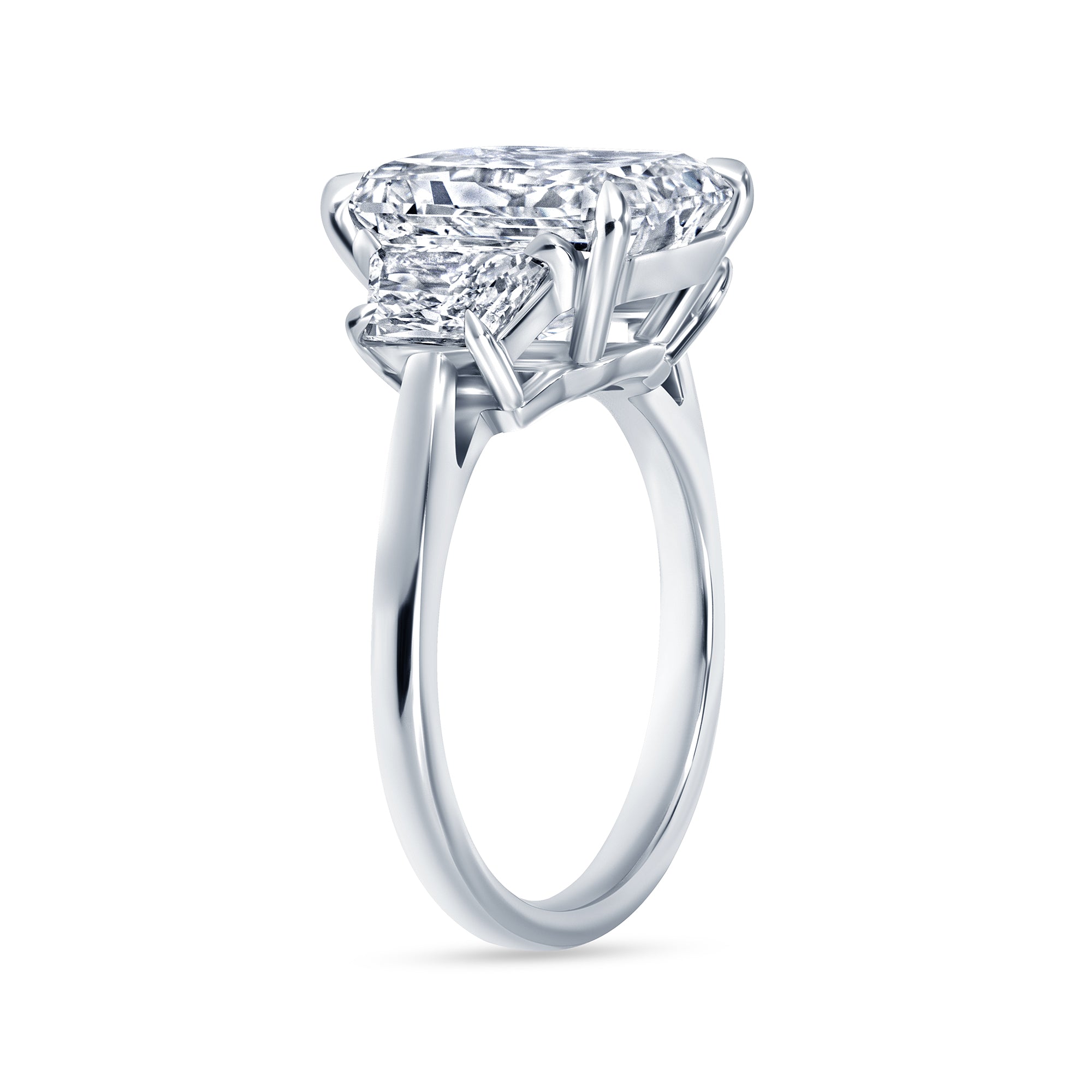 5.01ct Radiant Cut Diamond Three Stone Ring with Trapezoid Side Stones in Platinum Band, GIA Certified