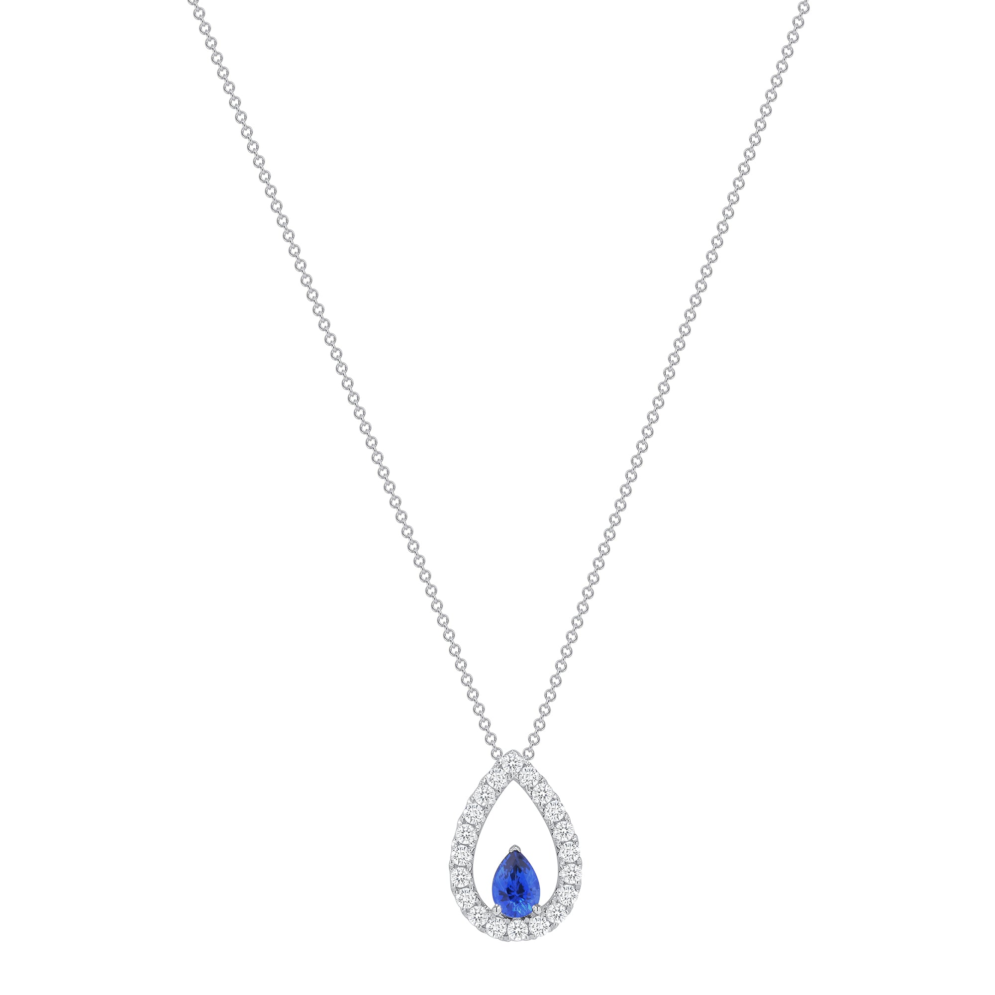 Pear Shape Sapphire Center Stone Diamond Pear Pendant in 18K White Gold