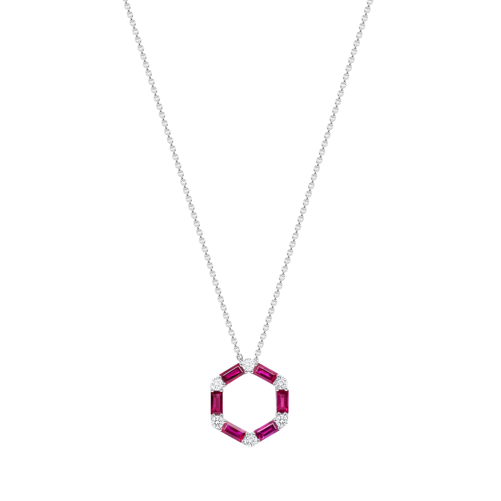 Alternating Diamond and Ruby Hoop Pendant in 18K White Gold