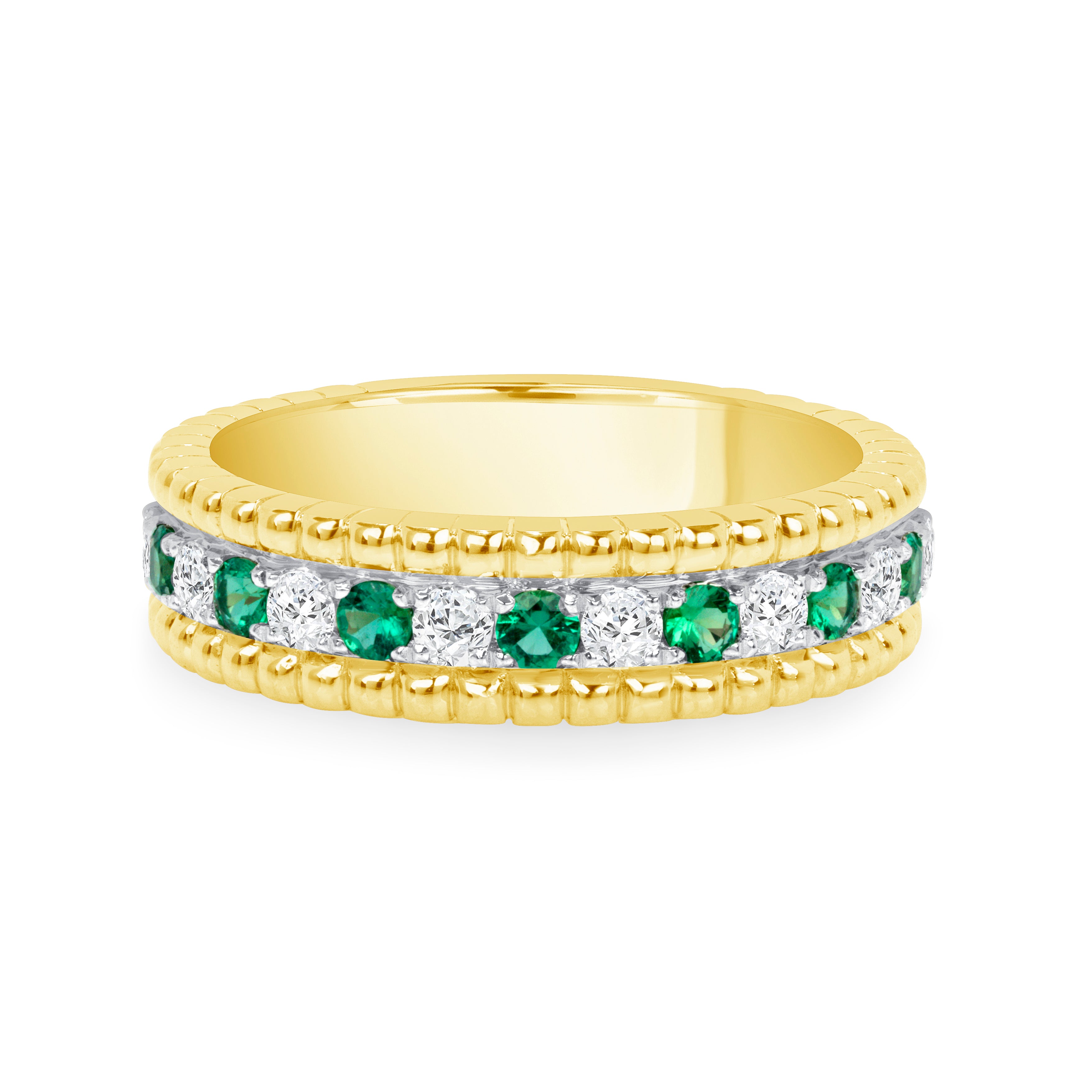 Alternating Round Brilliant Diamond and Emerald Band in 18K Yellow Gold