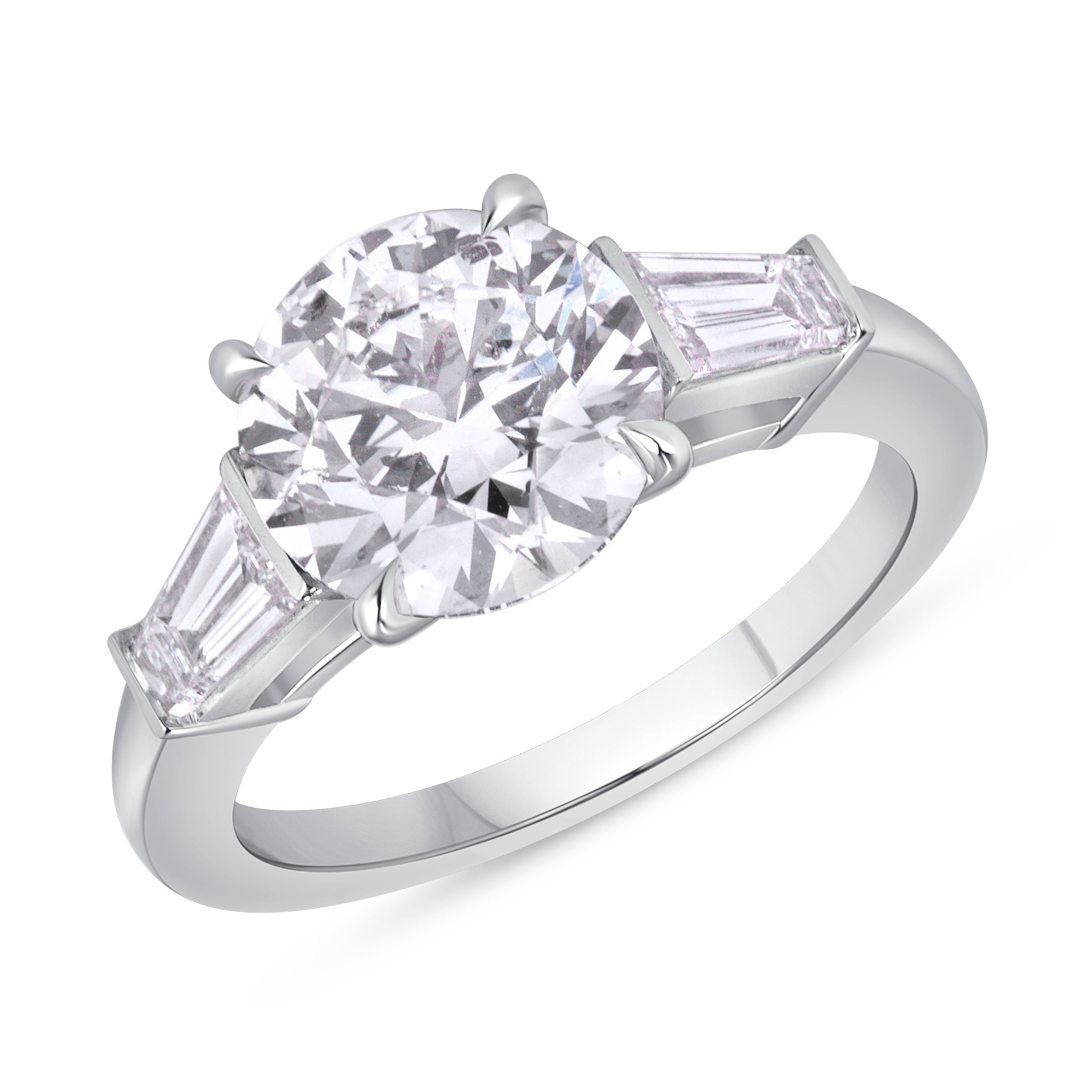 Round Brilliant Cut Diamond And Tapered Baguette Diamond Ring In Platinum Ruthenium