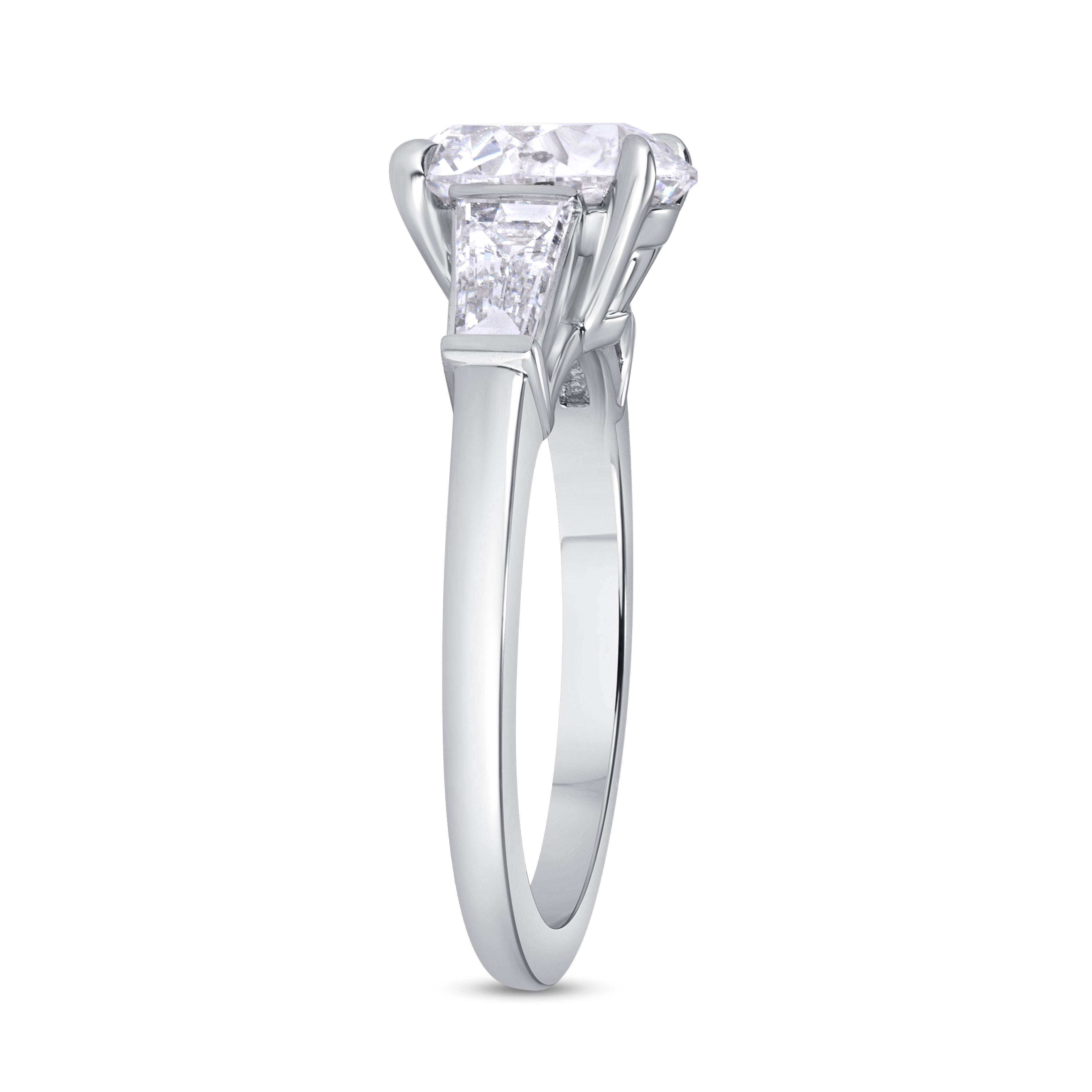 Round Brilliant Cut Diamond And Tapered Baguette Diamond Ring In Platinum Ruthenium