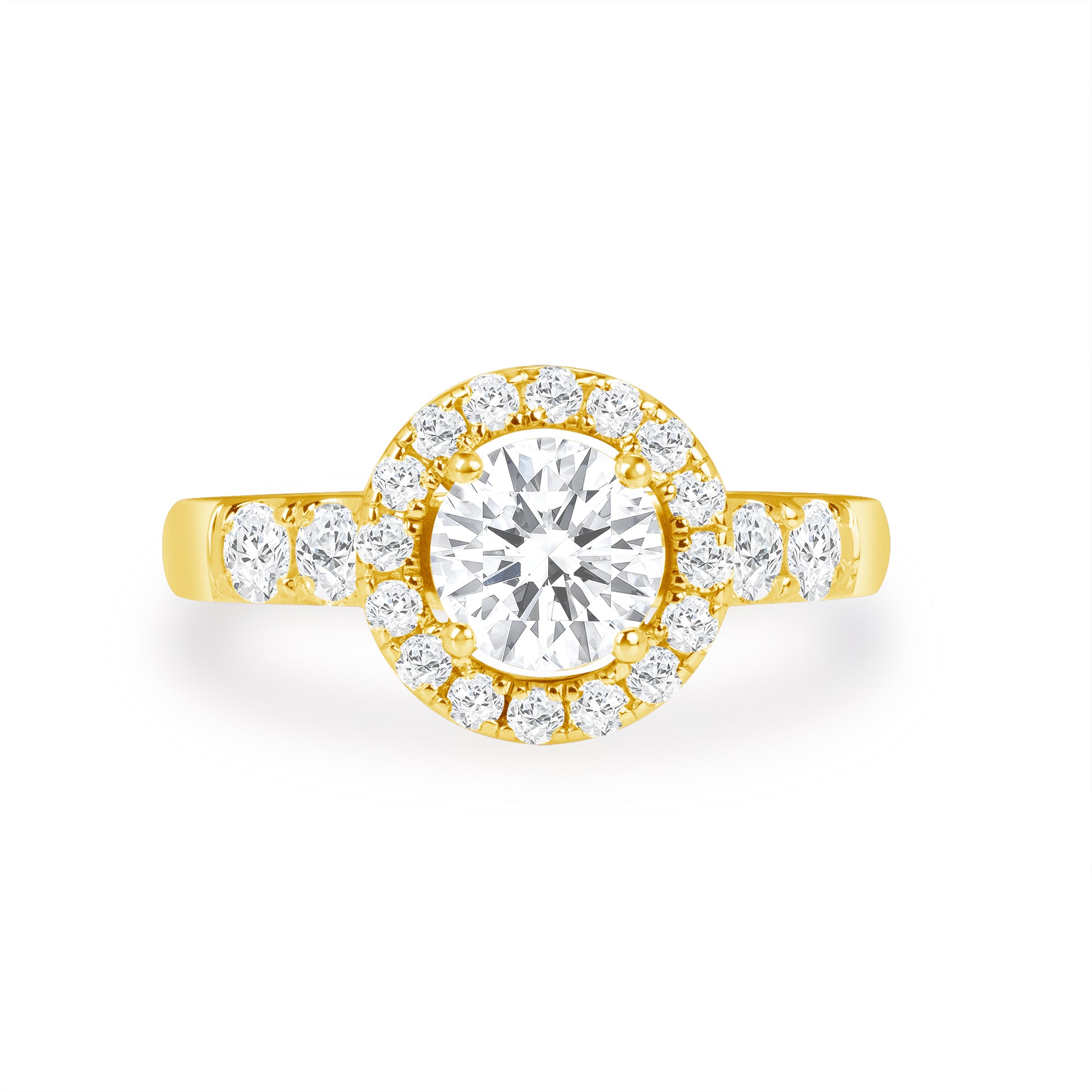 Round Cut Diamond Ring with Diamond Halo & Accents in Yellow Gold