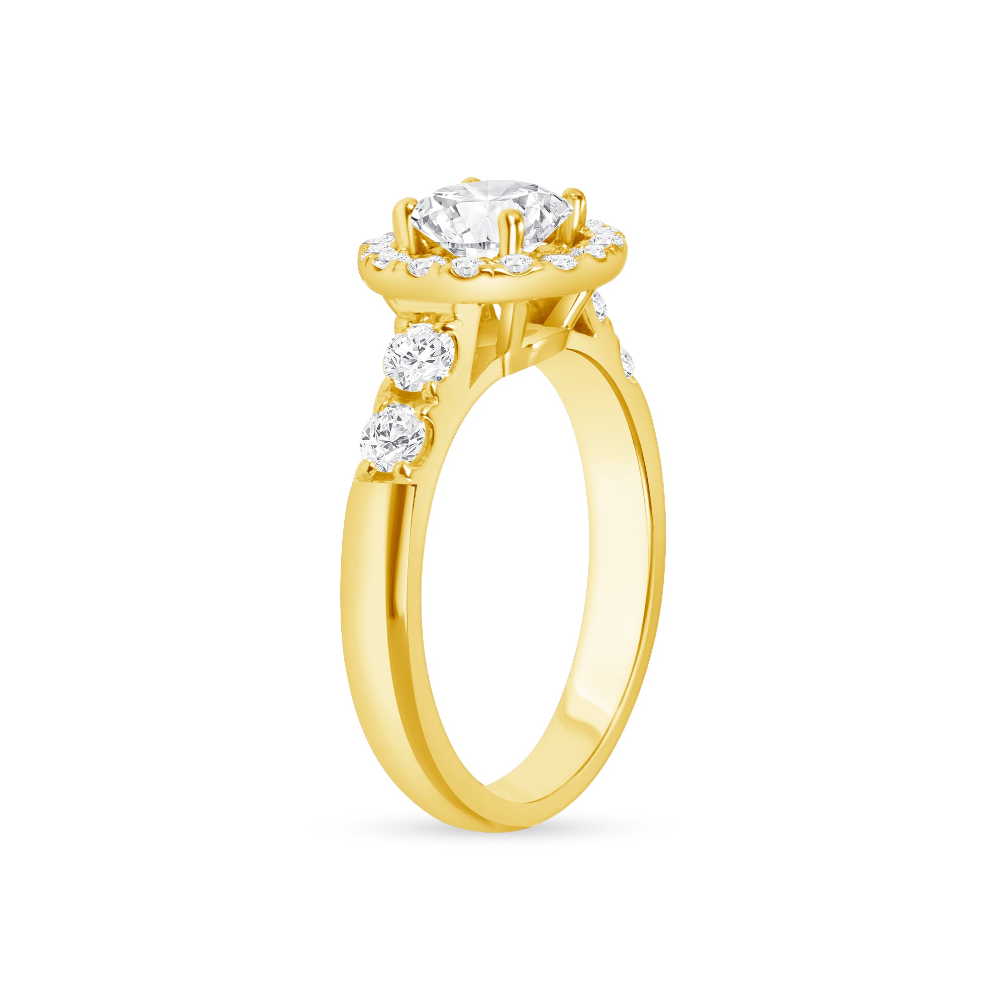 Round Cut Diamond Ring with Diamond Halo & Accents in Yellow Gold