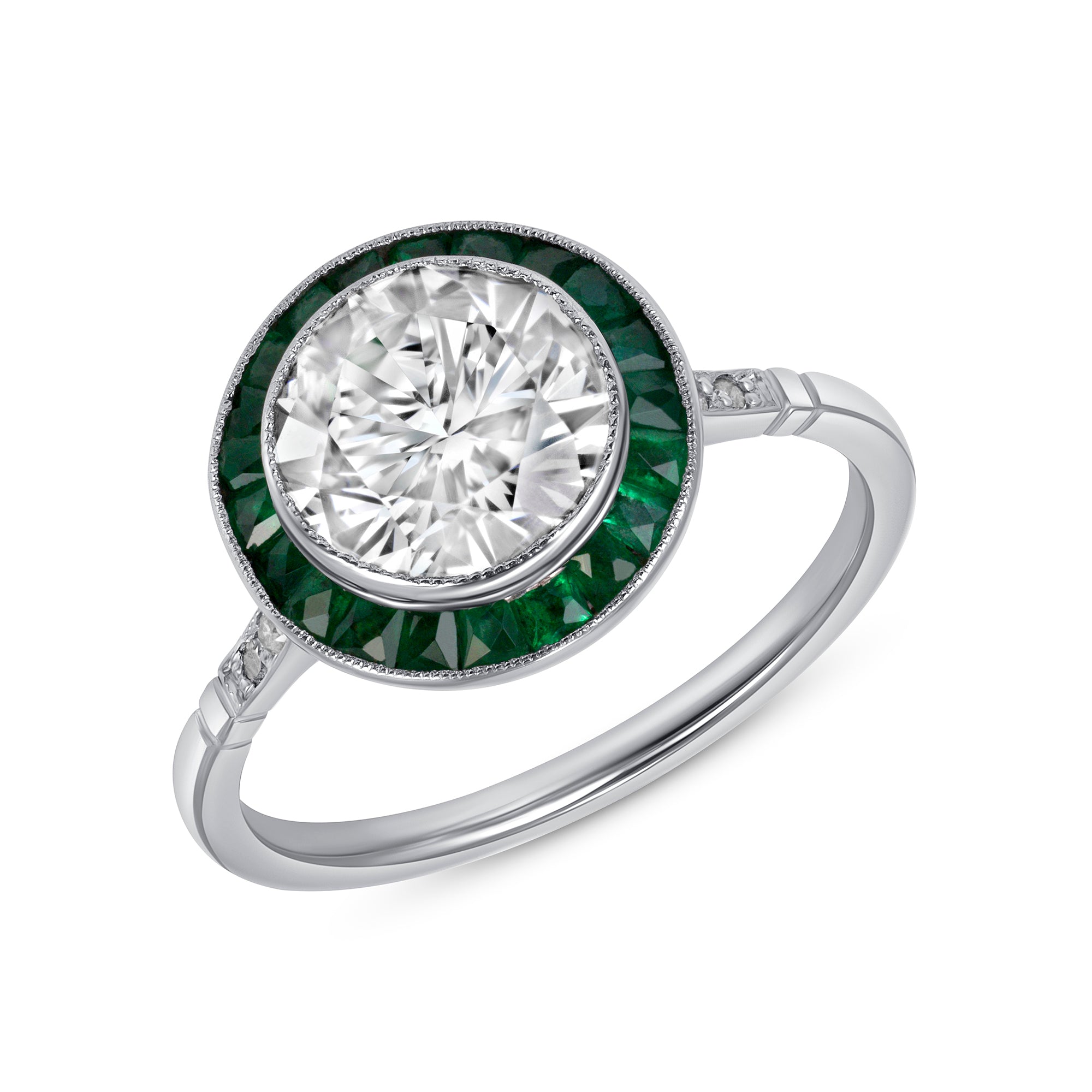Round Diamond and Emerald Halo Ring in Platinum