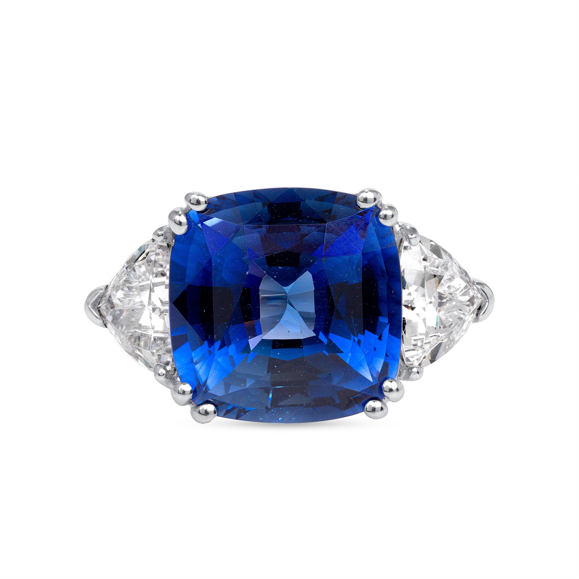 Cushion Cut Blue Sapphire and Trillion Cut Diamond Three Stone Ring