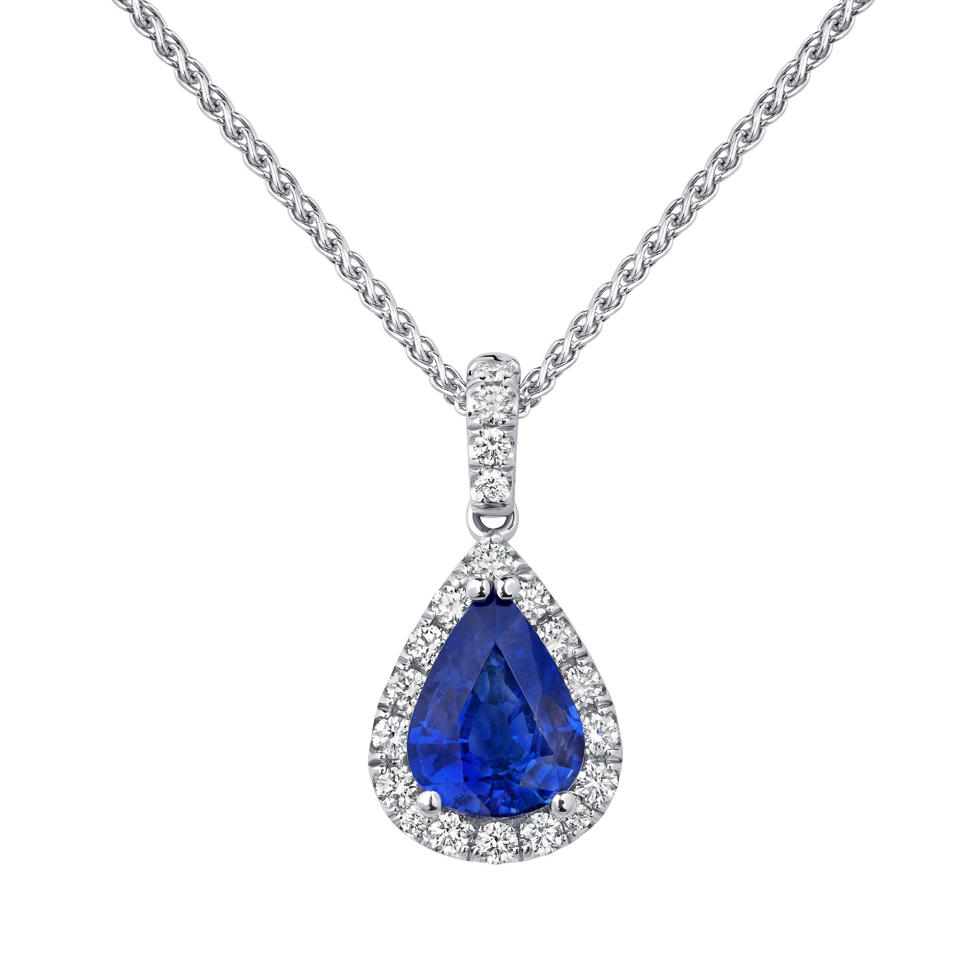Pear Cut Sapphire Teardrop Pendant Necklace with Diamond Halo in White Gold