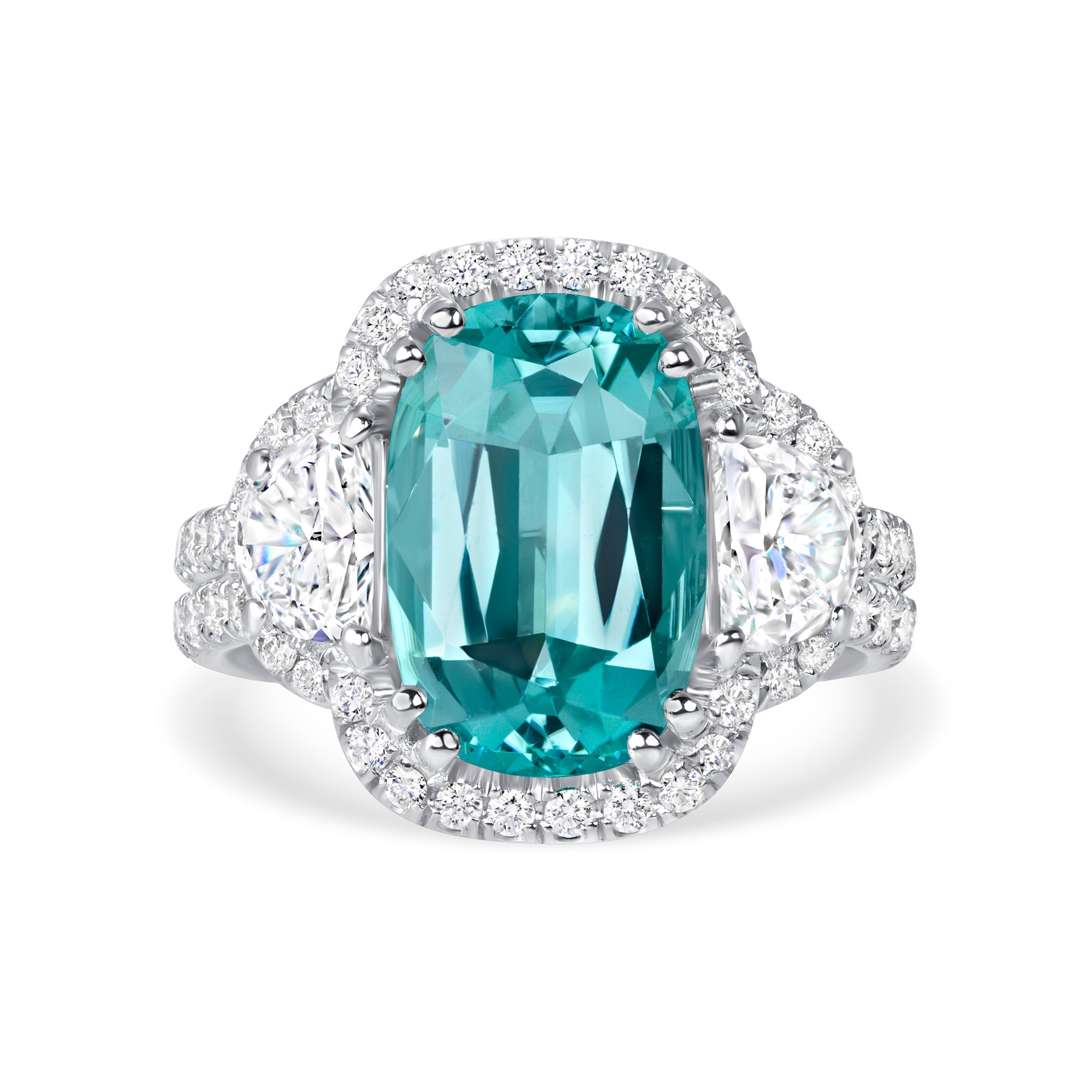 Elongated Cushion-Cut Blue Lagoon Tourmaline & Diamond Halo Ring in Platinum