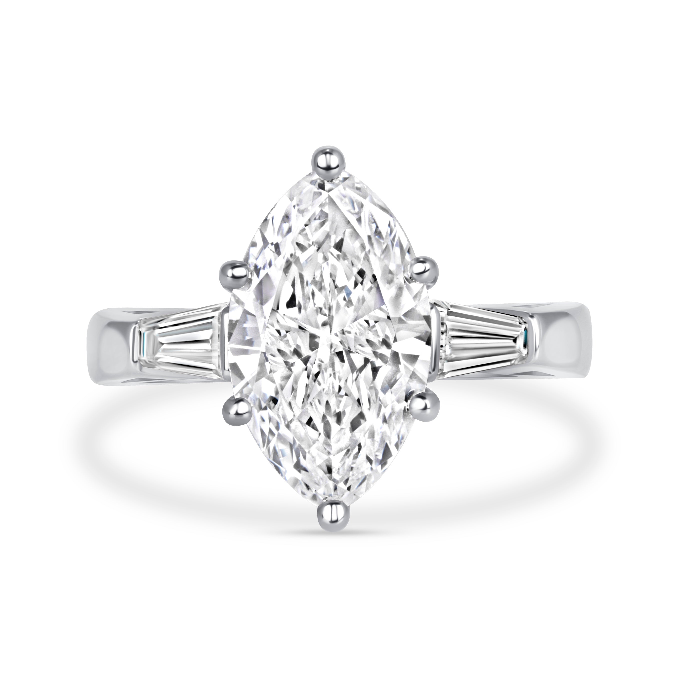 Marquise Cut Diamond Three-Stone Ring with Tapered Baguette Side Stones in Platinum
