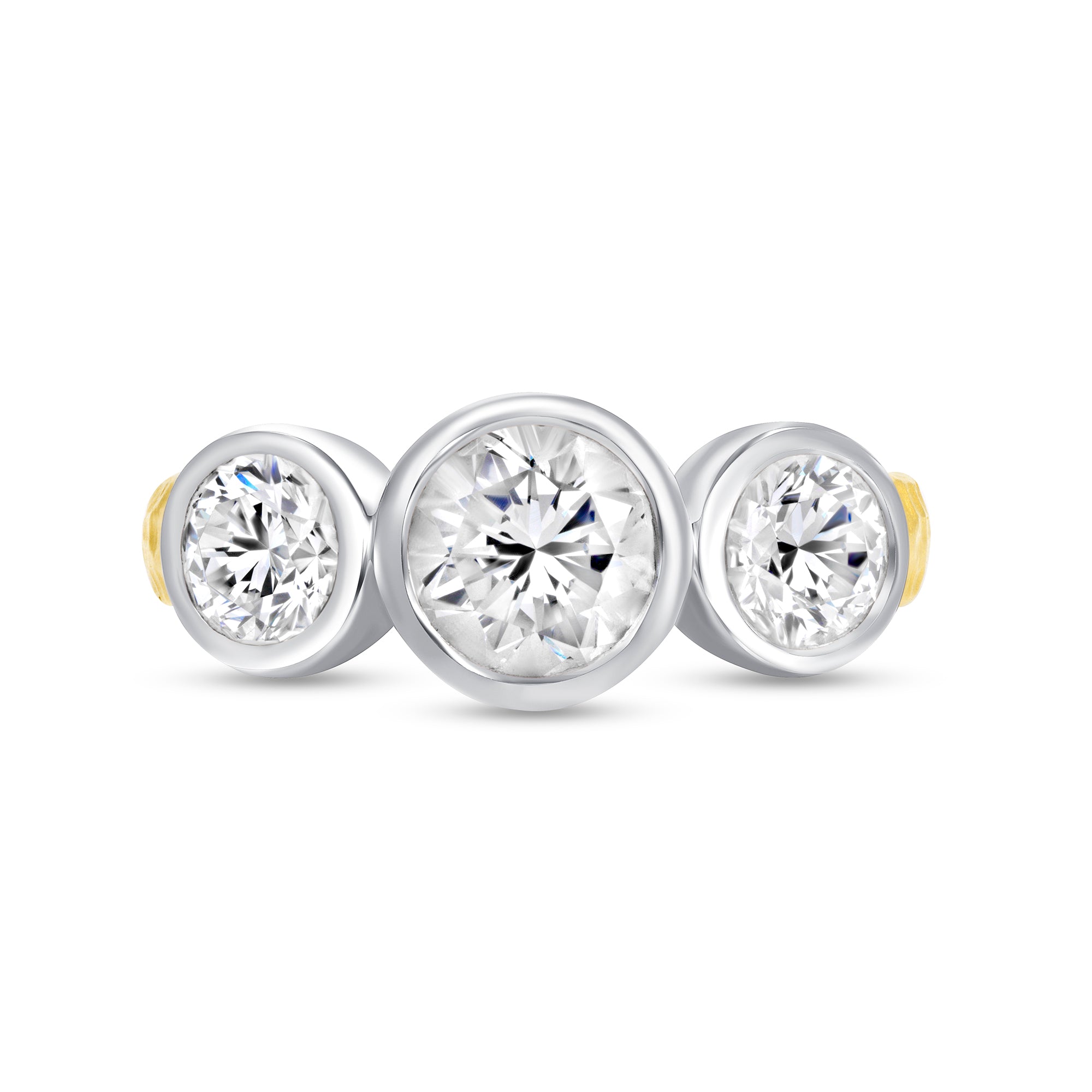 Bezel Set Round Diamond Three Stone Ring in Platinum and 18K Yellow Gold