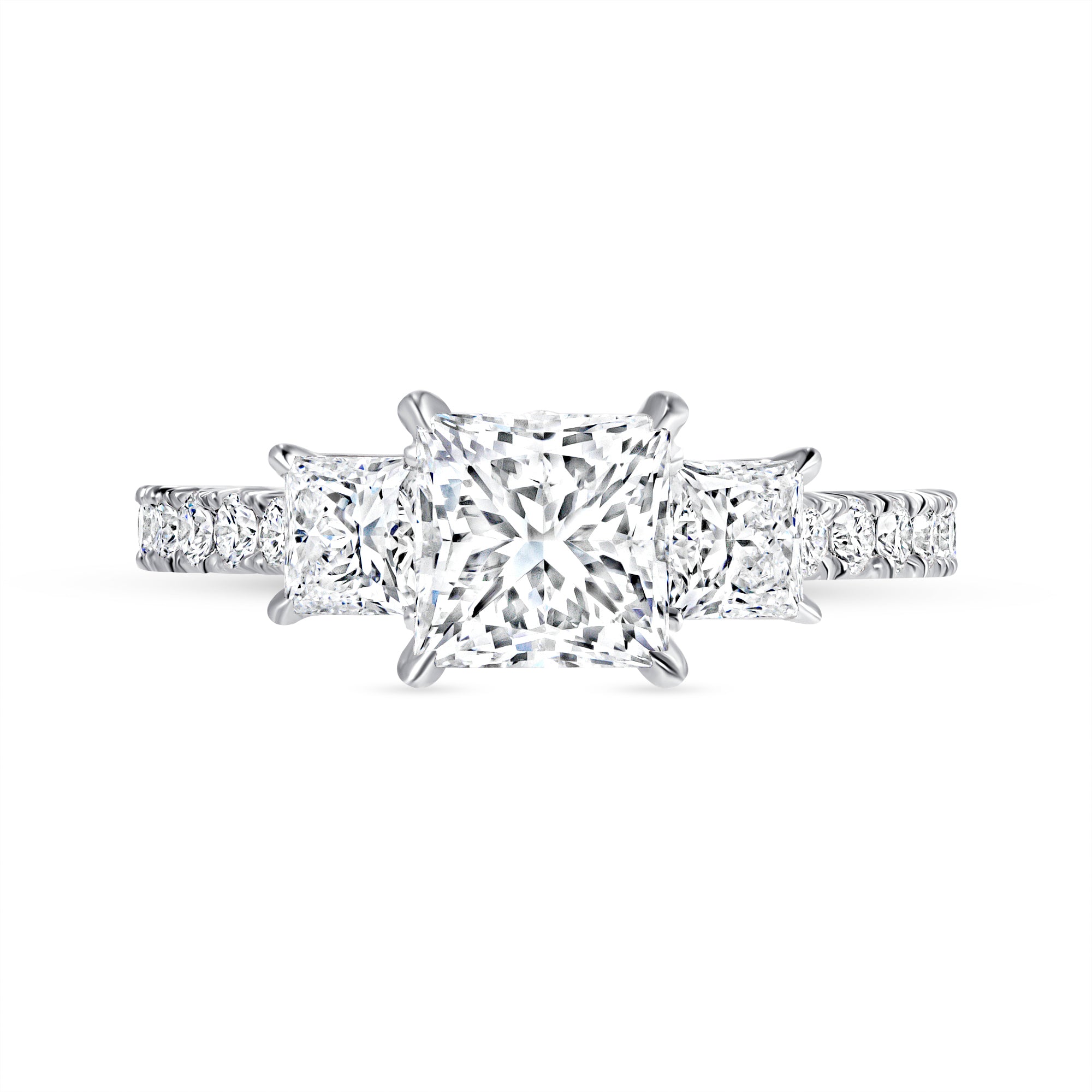 Princess Cut Diamond Three Stone Pavé Engagement Ring Platinum