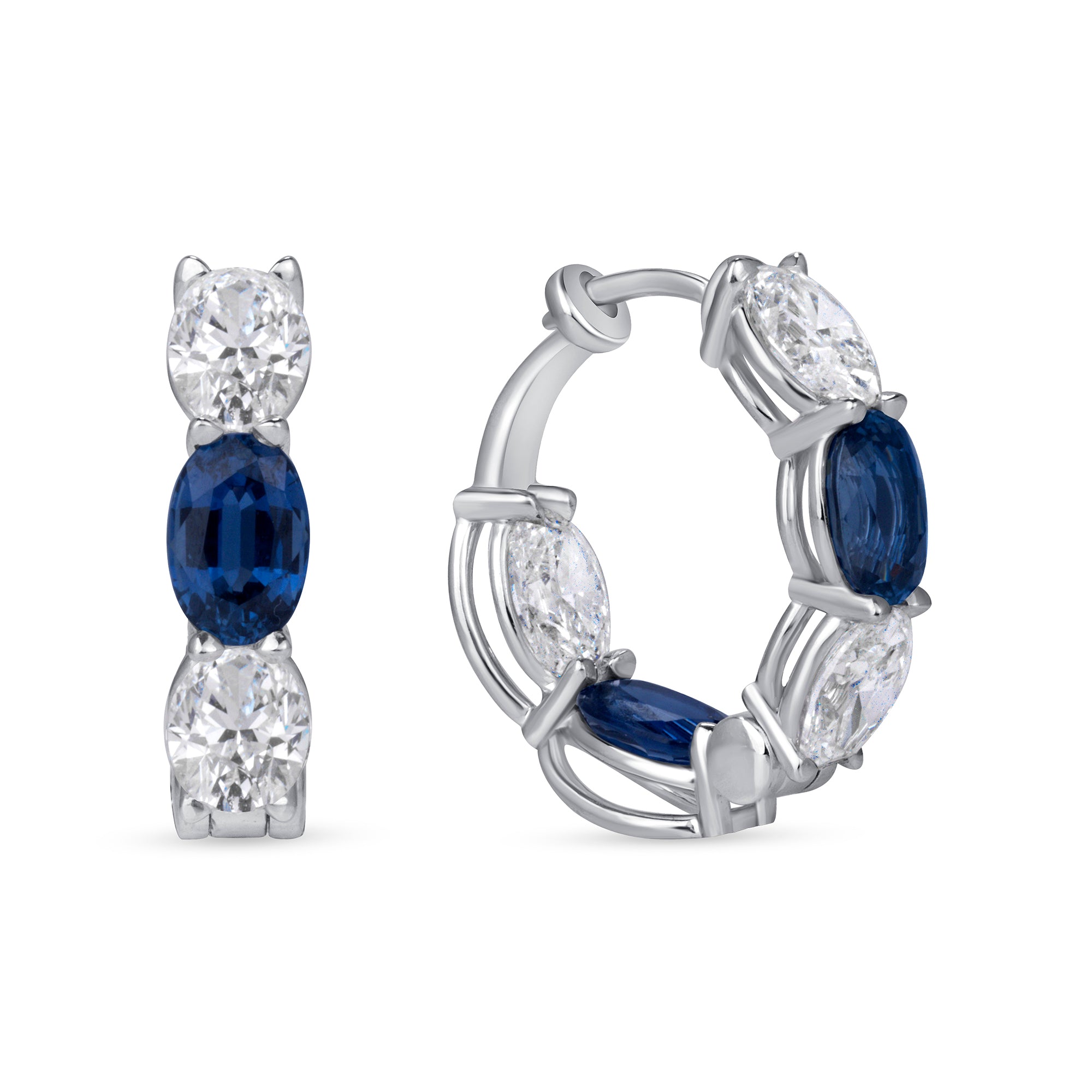 Oval Cut Blue Sapphire and White Diamond Inside-Out Huggie Hoop Earrings in 18K White Gold
