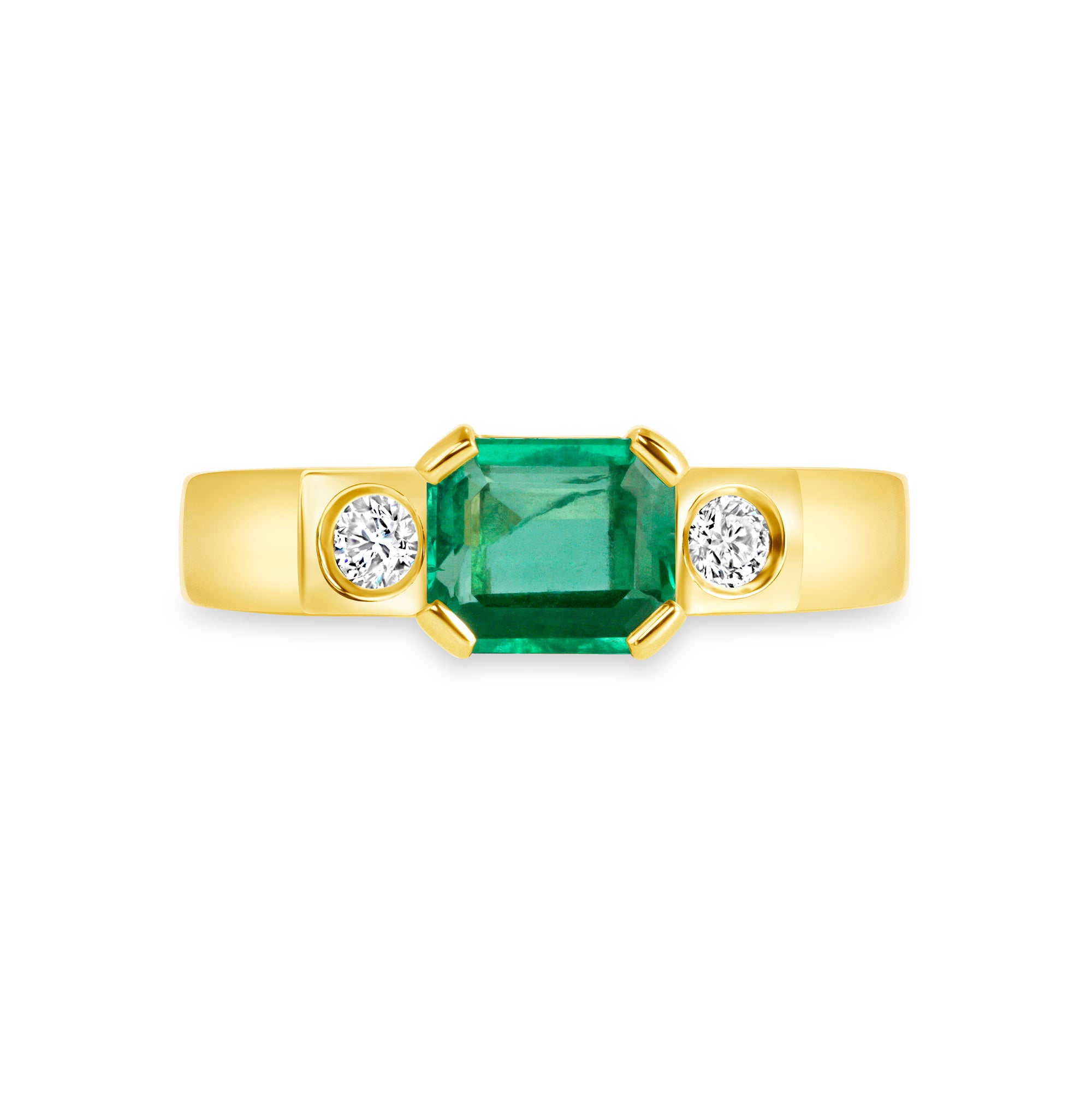 Emerald Cut Emerald and Diamond Three Stone Ring in 18K Yellow Gold