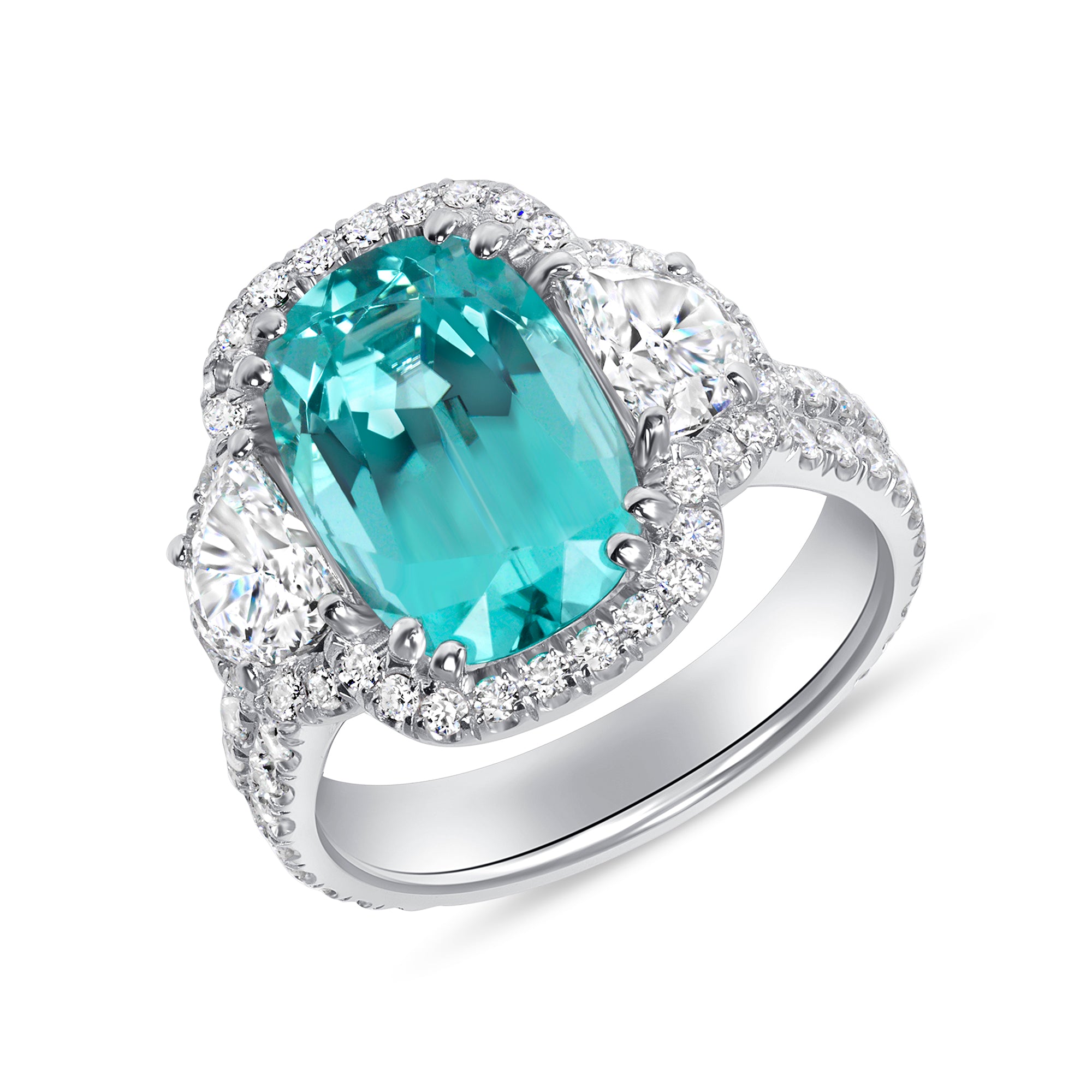 Elongated Cushion-Cut Blue Lagoon Tourmaline & Diamond Halo Ring in Platinum