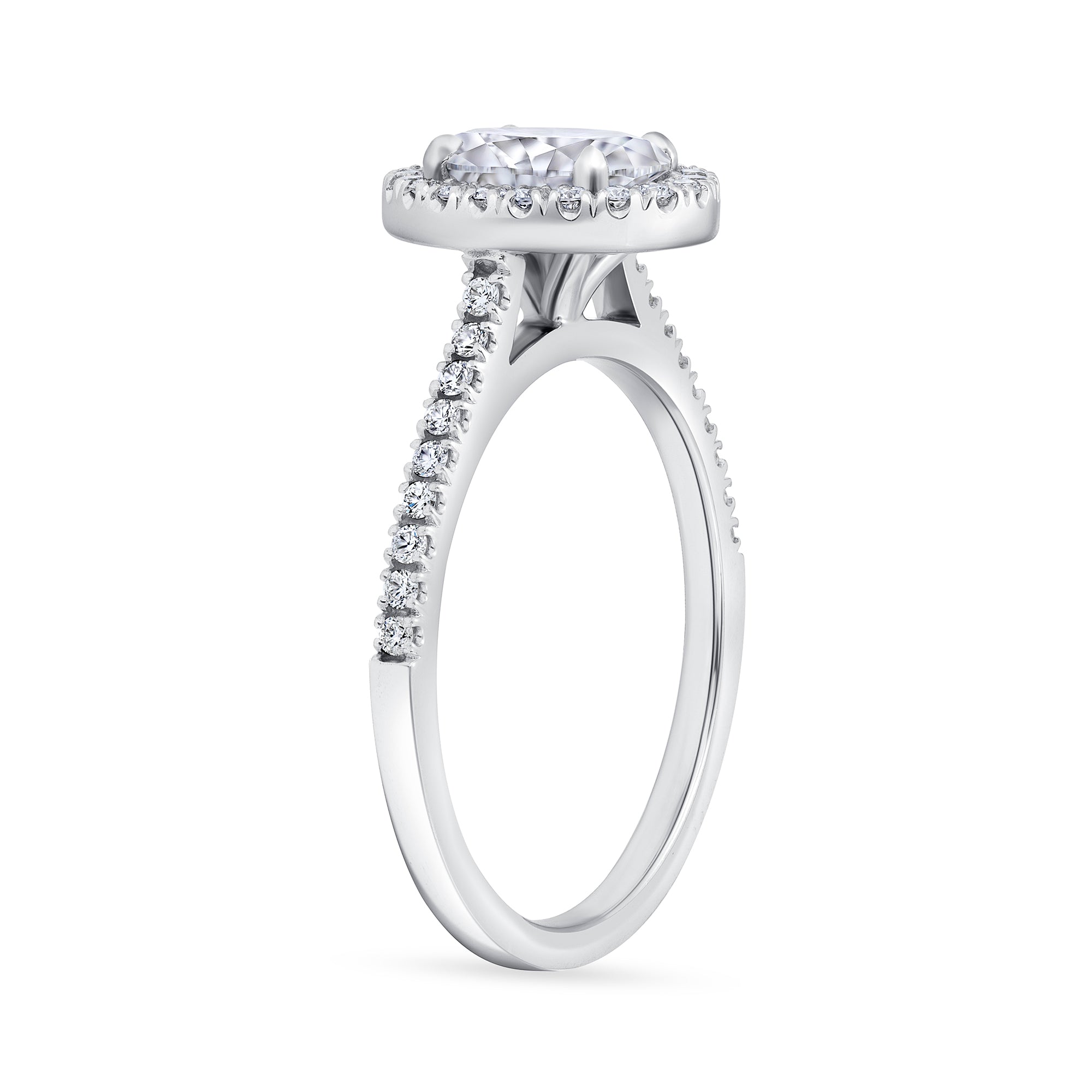 Oval Diamond Halo Ring with Pavé Band in Platinum