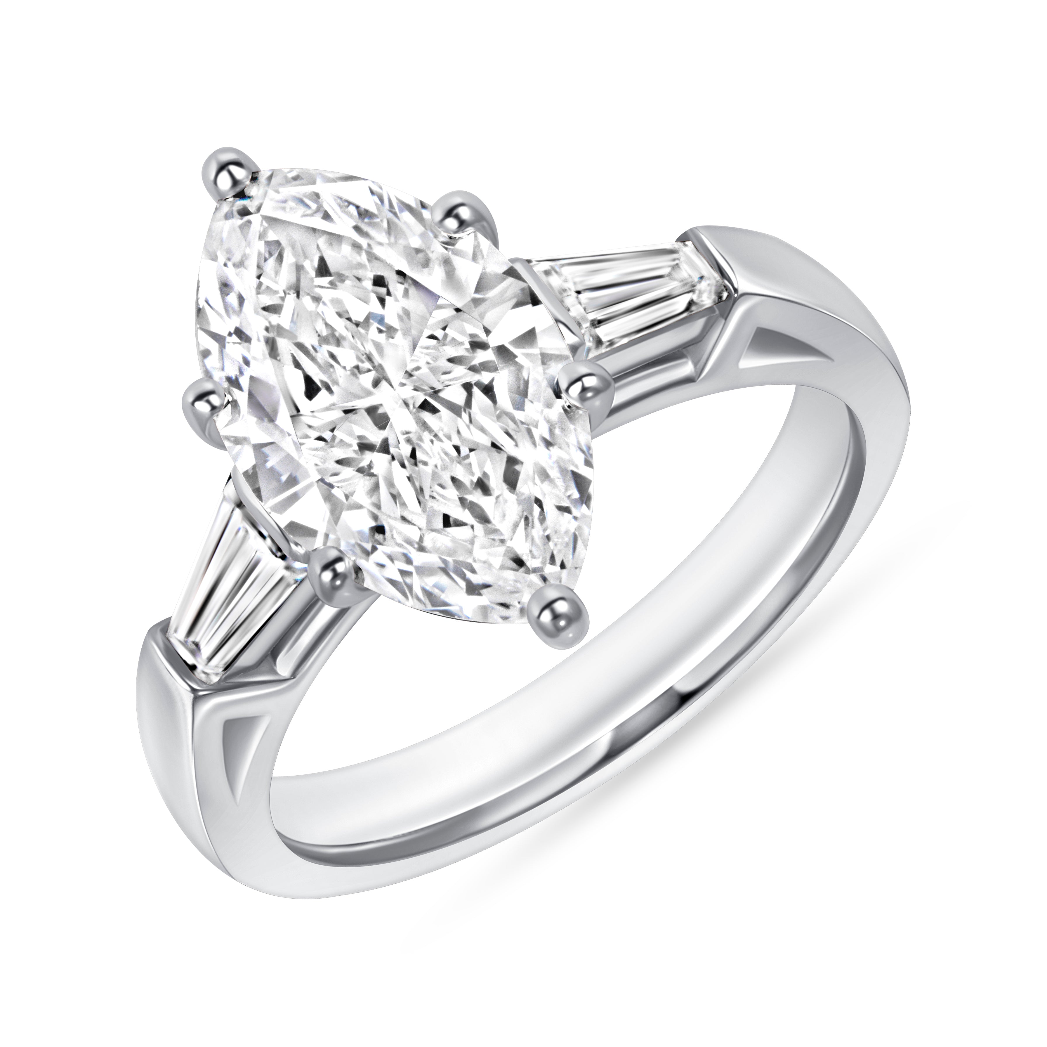 Marquise Cut Diamond Three-Stone Ring with Tapered Baguette Side Stones in Platinum
