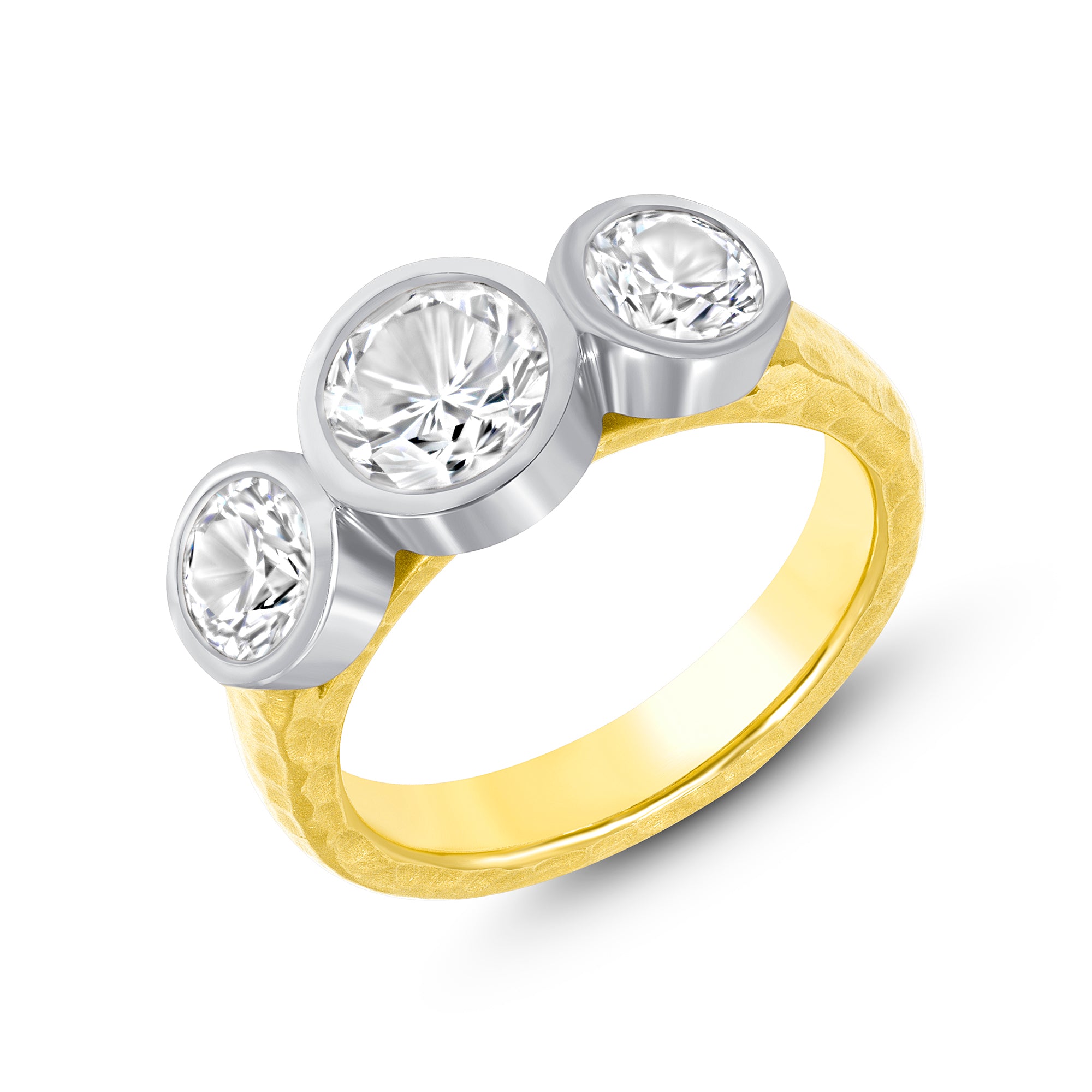 Bezel Set Round Diamond Three Stone Ring in Platinum and 18K Yellow Gold