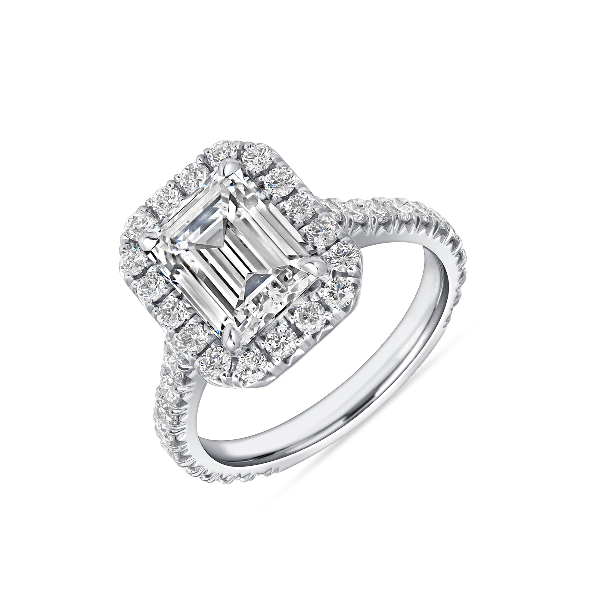 Emerald Cut Diamond Pavé Ring with Halo in Platinum Ruthenium