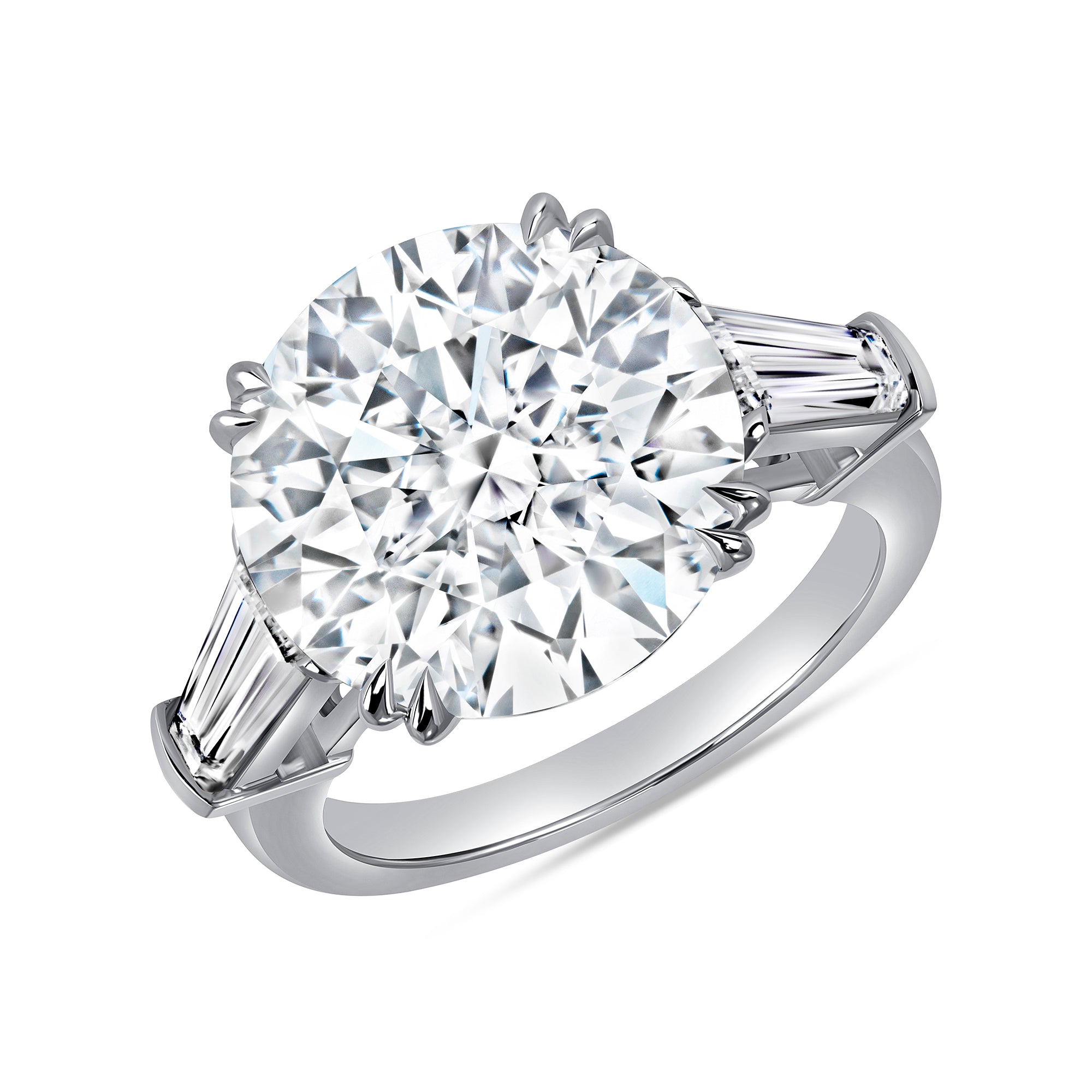 Round Brilliant Diamond & Tapered Baguette Three-Stone Ring in Platinum